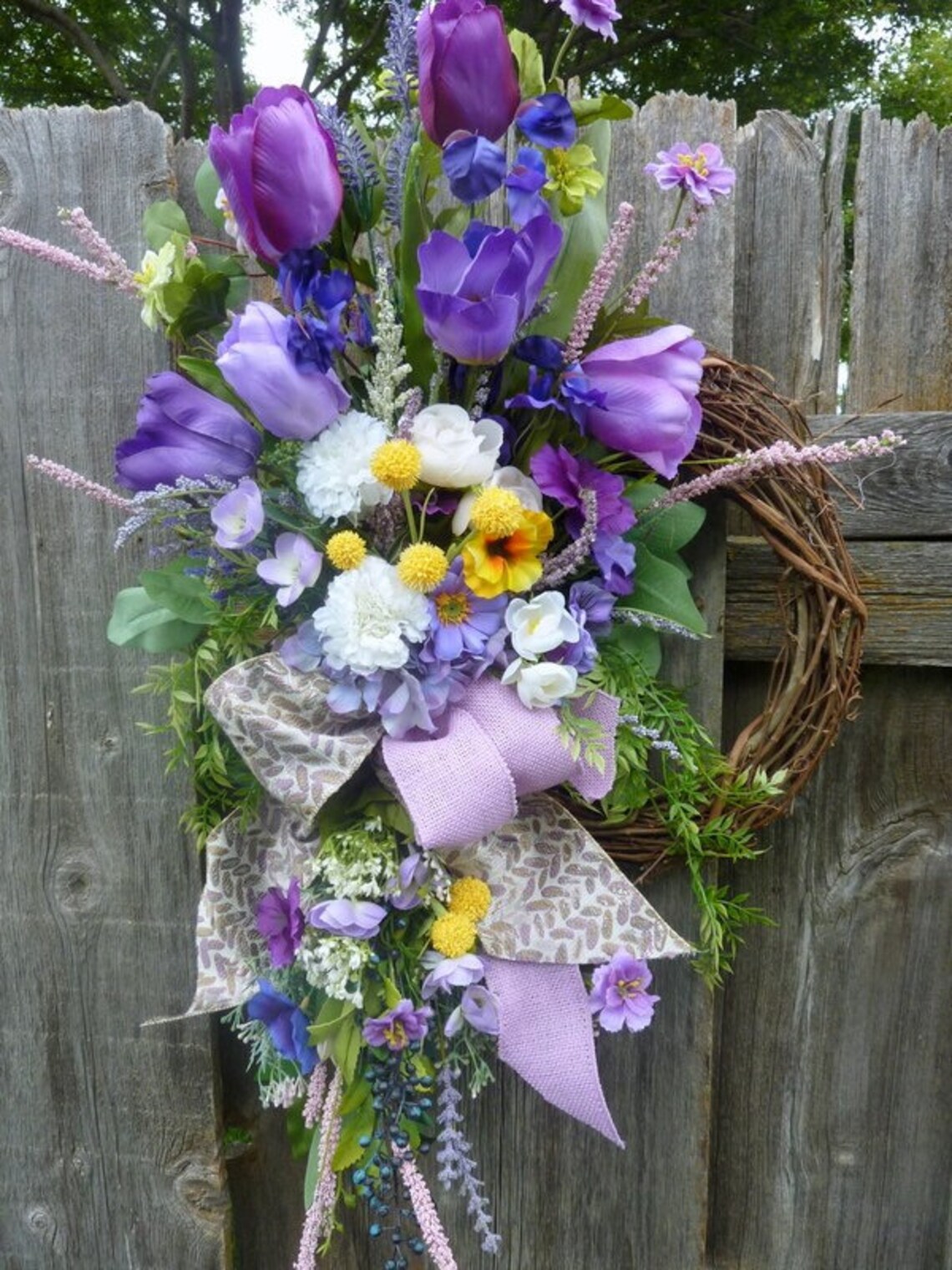 Front door wreath, Spring Tulip Wreaths, D Stevens Designer ribbon