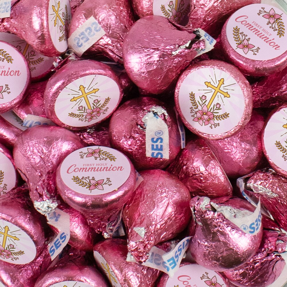 Girl 1st Holy Communion Candy Party Favors (Choose 100 Pcs Milk Chocolate Hershey's Kisses, 40 Pcs Wrapped Miniatures or Both) - Pink