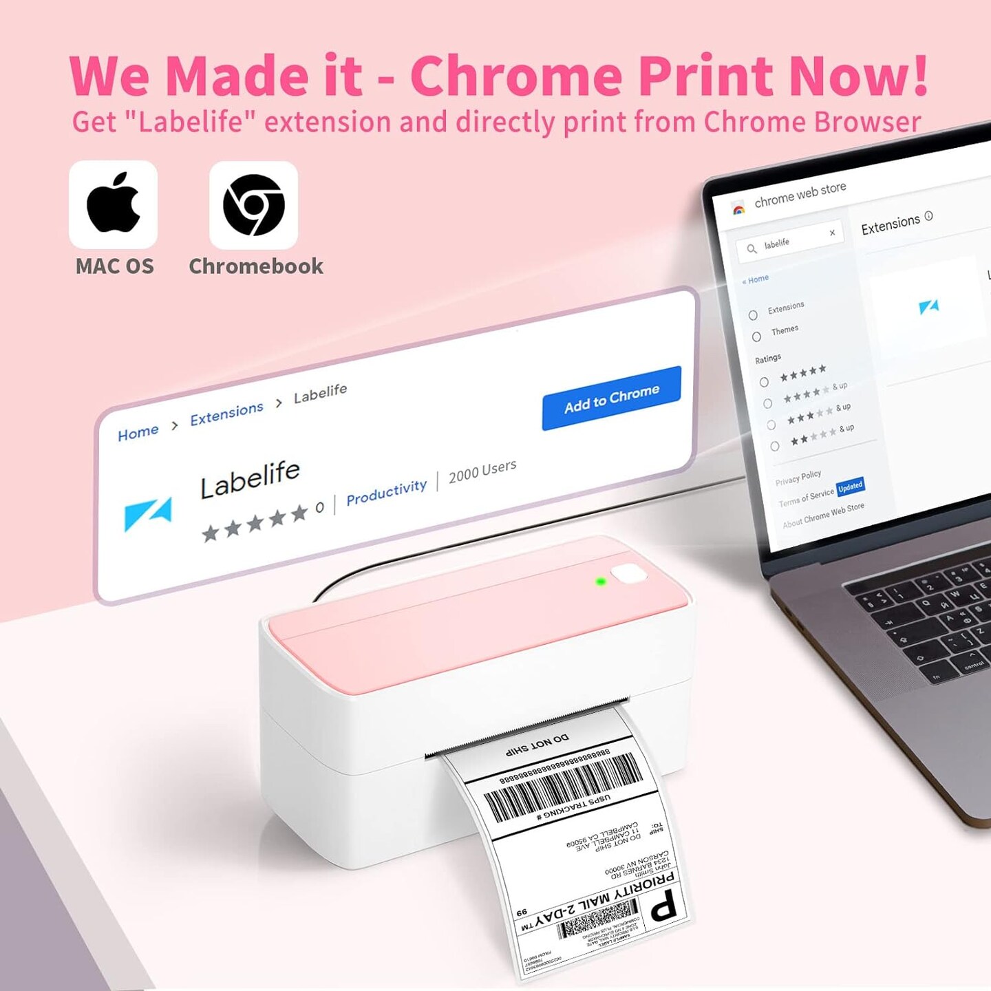 ASprink&#xAE; - Bluetooth Thermal Label Printer | 241BT - Pink Small Business &#x26; Packages Purposes
