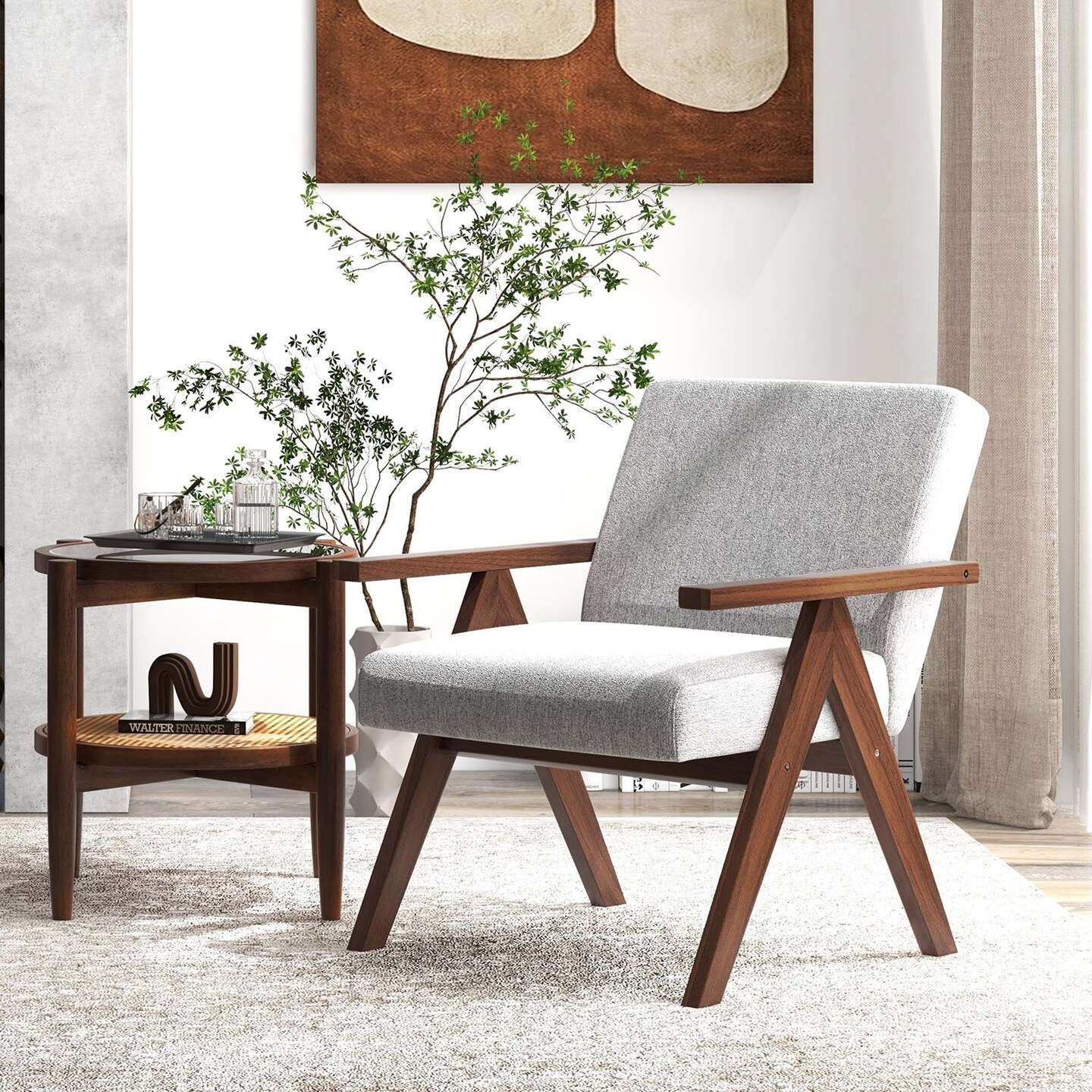 Costway 1 PCS Modern Accent Chair Linen Fabric Armchair with Solid Acacia Wood Frame Beige/Grey