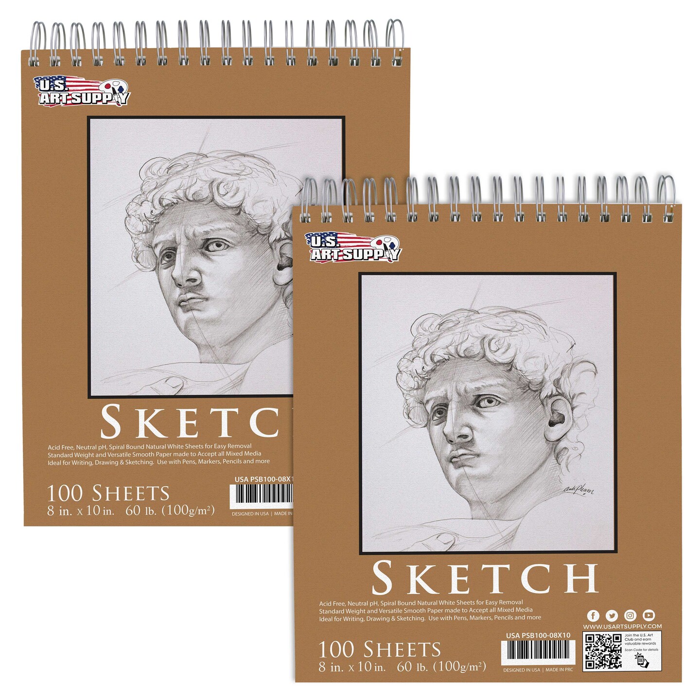 8&#x22; x 10&#x22; Premium Spiral Bound Sketch Pad, Pad of 100-Sheets, 60 Pound (100gsm) (Pack of 2 Pads)