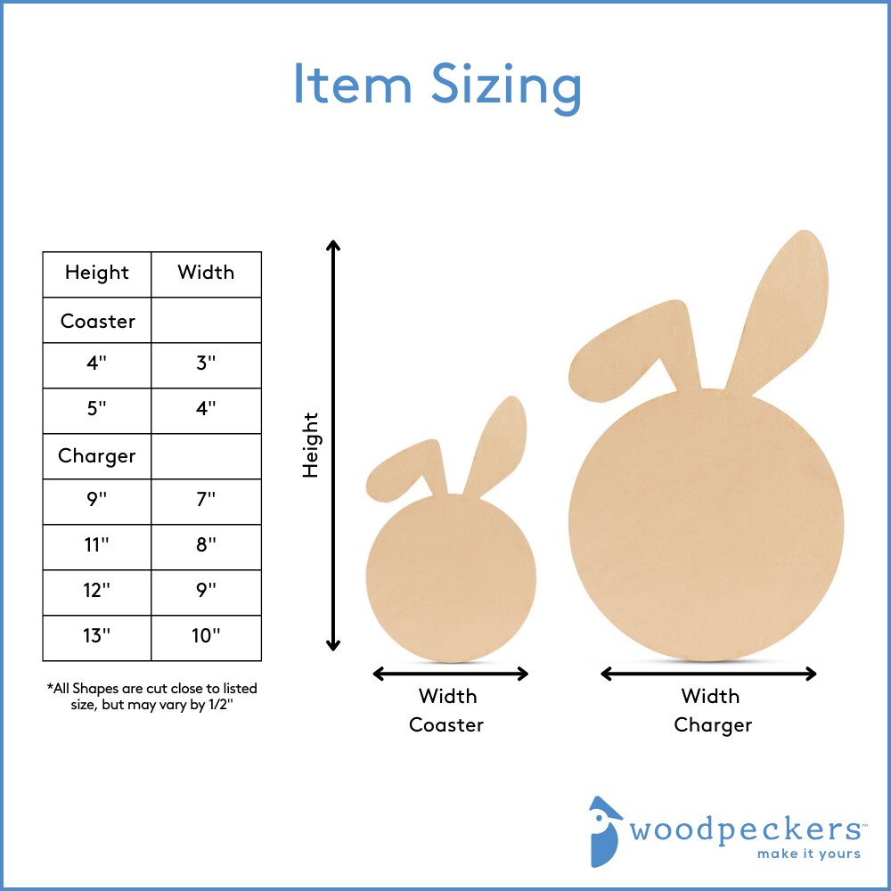 Unfinished Wood Bunny Coasters/Chargers 4"-13”, 1/8" Thick |Woodpeckers