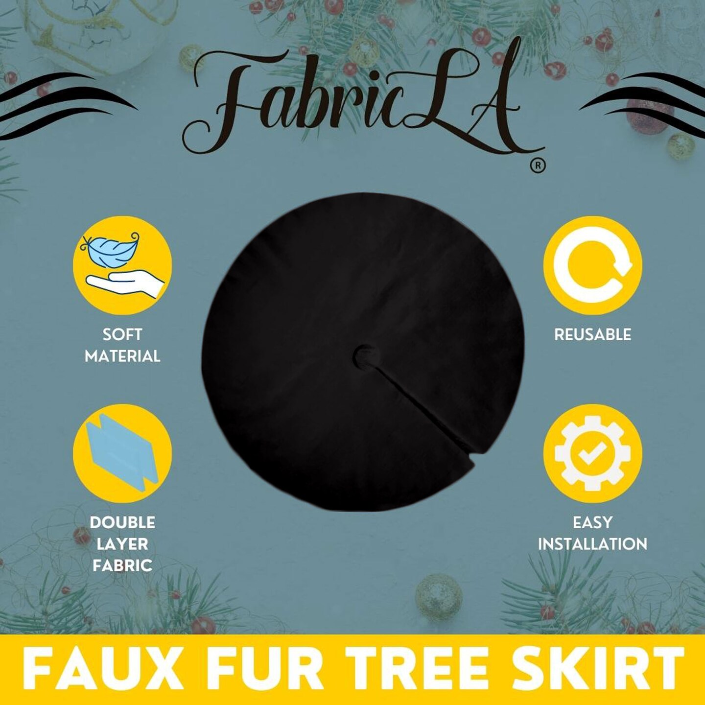 FabricLA 30&#x22; Black Faux Fur Christmas Tree Skirt - Fluffy Plush Tree Skirt (72cm) for Holiday Decorations