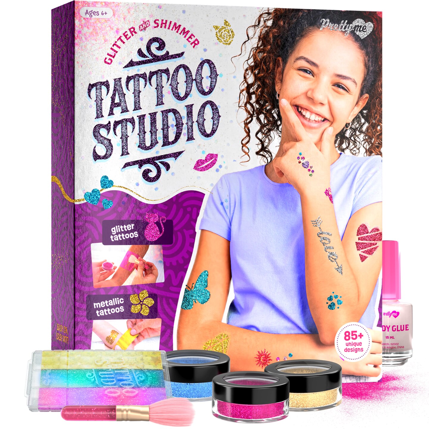 Temporary Shimmery Tattoo Studio Kit for Kids - Glitter &#x26; Metallic Fake Tattoos for Girls - Birthday Gift Ideas for Girl - Best Craft Kits Toys Stuff for Ages 6, 7, 8, 9, 10, 11 Year Old - Cool Gifts