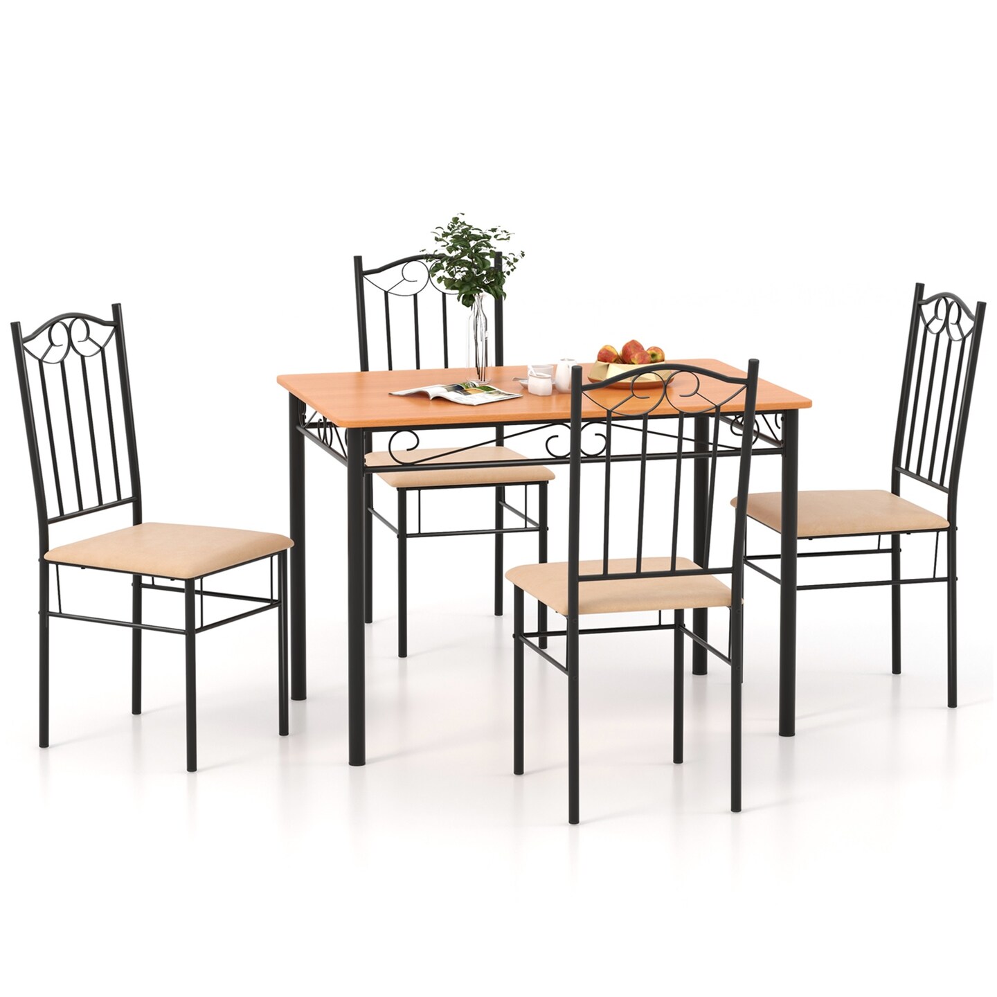 Costway 5 PC Dining Set Wood Metal 30" Table and 4 Chairs Black Kitchen Breakfast Furniture