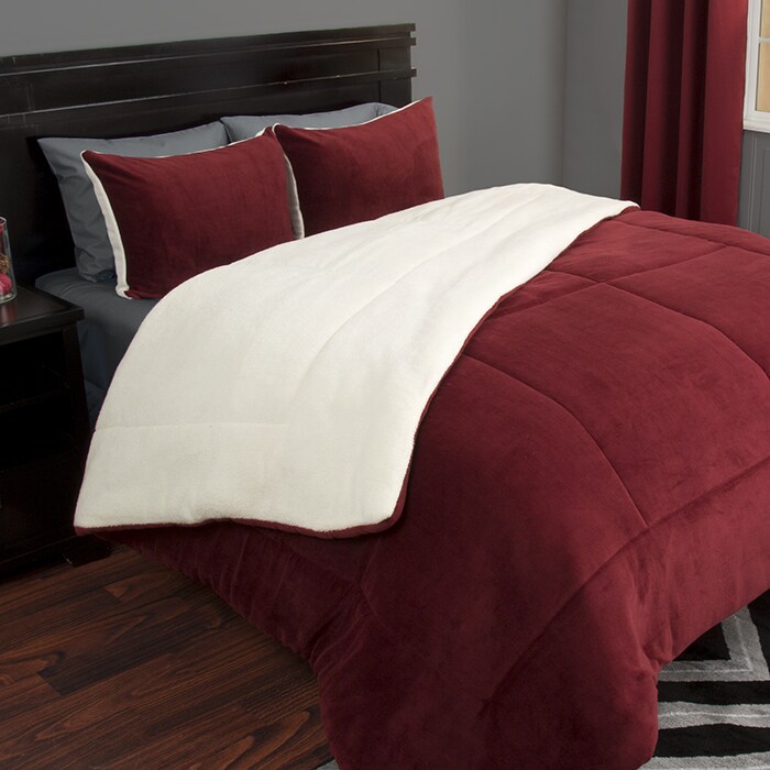 Lavish Home King Comforter Set Burgundy Reversible Sherpa Fleece 3 Piece