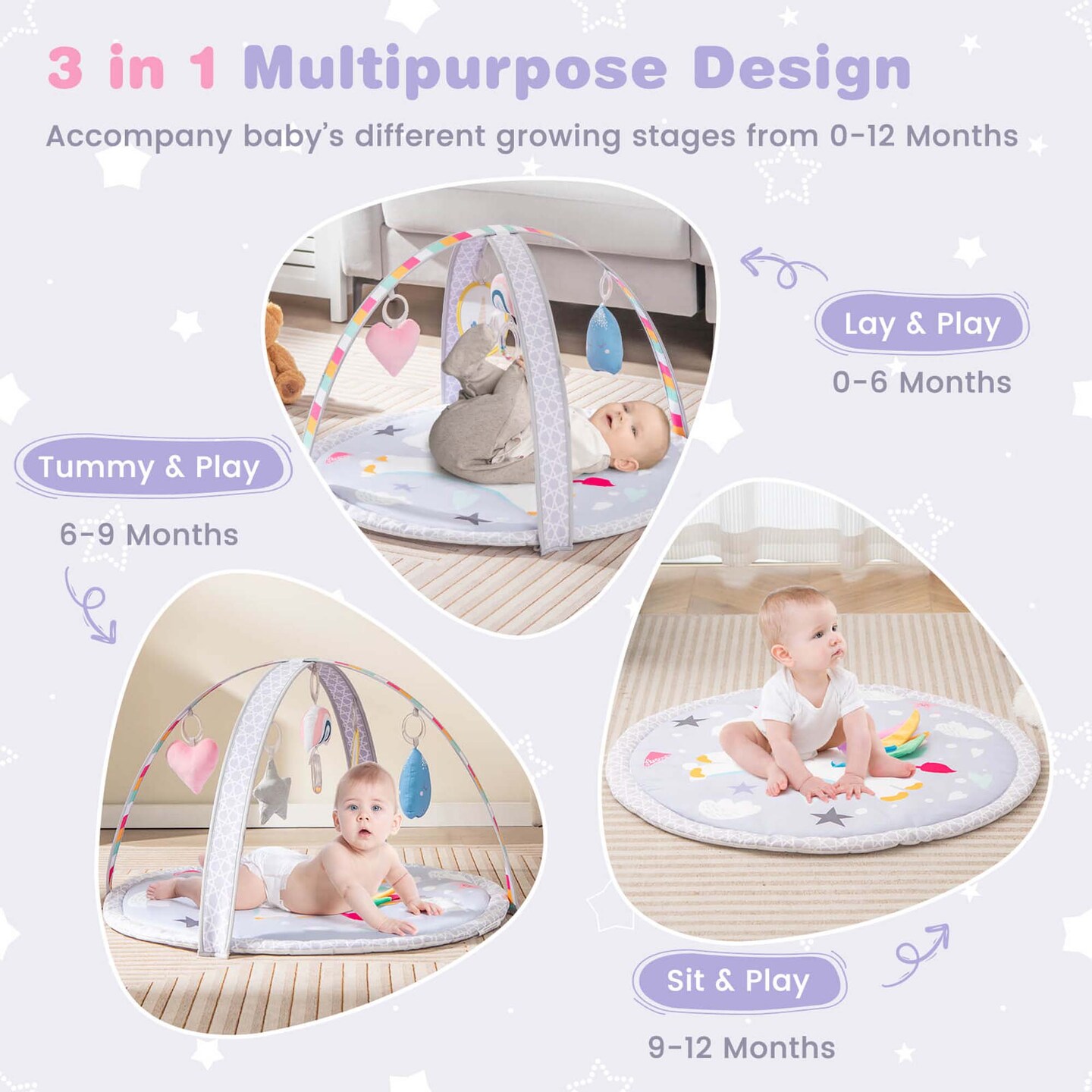 Costway Baby Play Gym Mat Thicker Tummy Time Mat with 5 Detachable Hanging