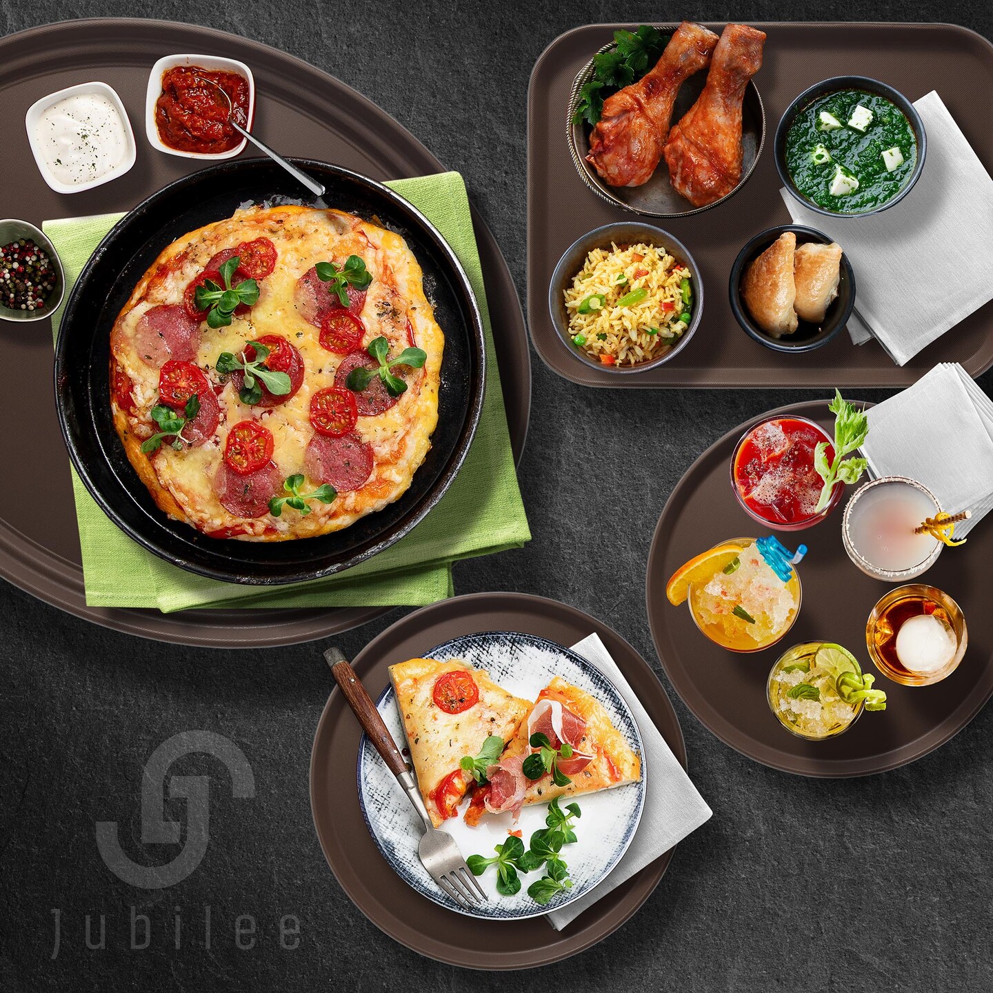 Jubilee (Set of 4) Rectangular Restaurant Serving Trays - NSF Certified Non-Slip Food Service Tray