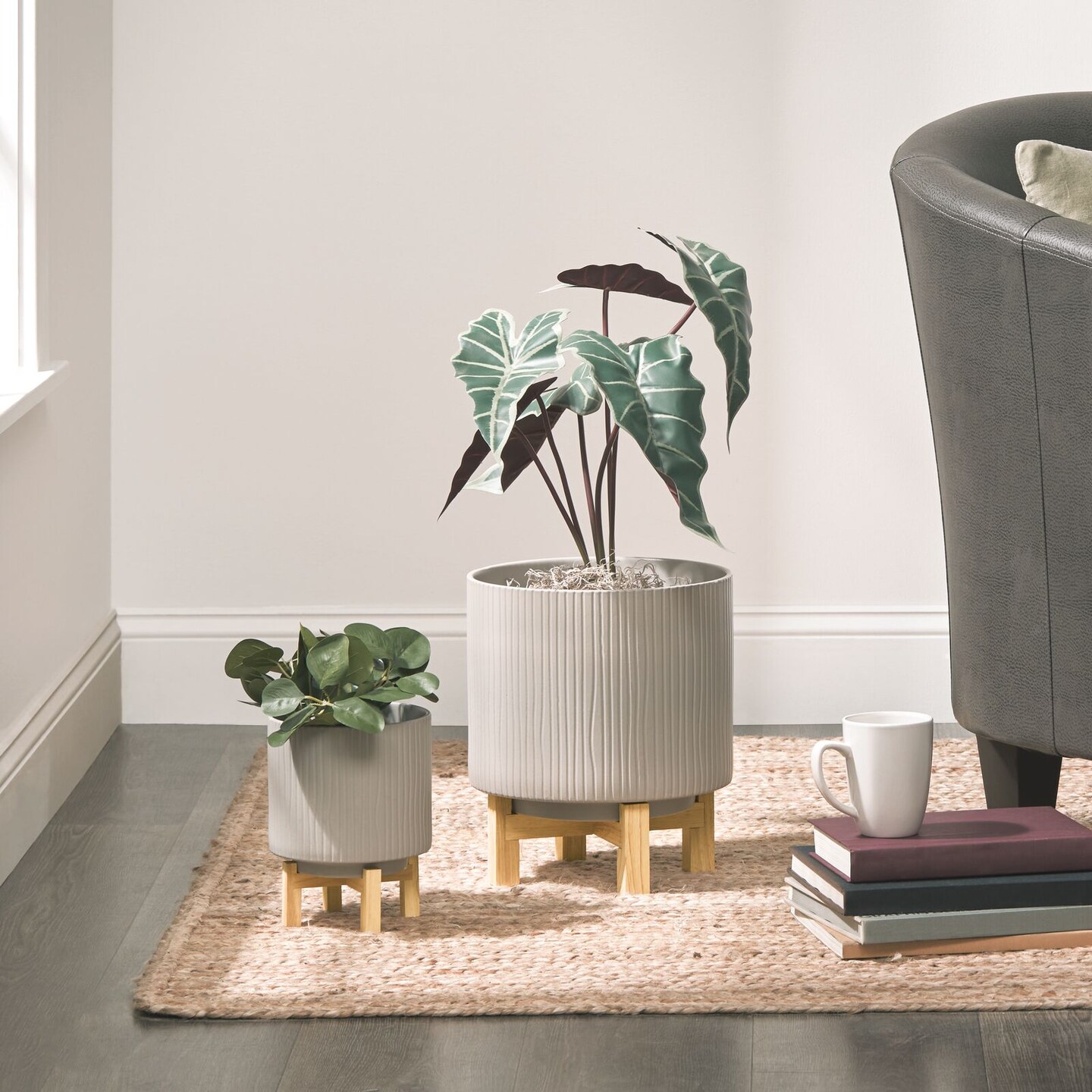 mDesign Ceramic Lines Planter Pot w/ Rubberwood Plant Stand Michaels