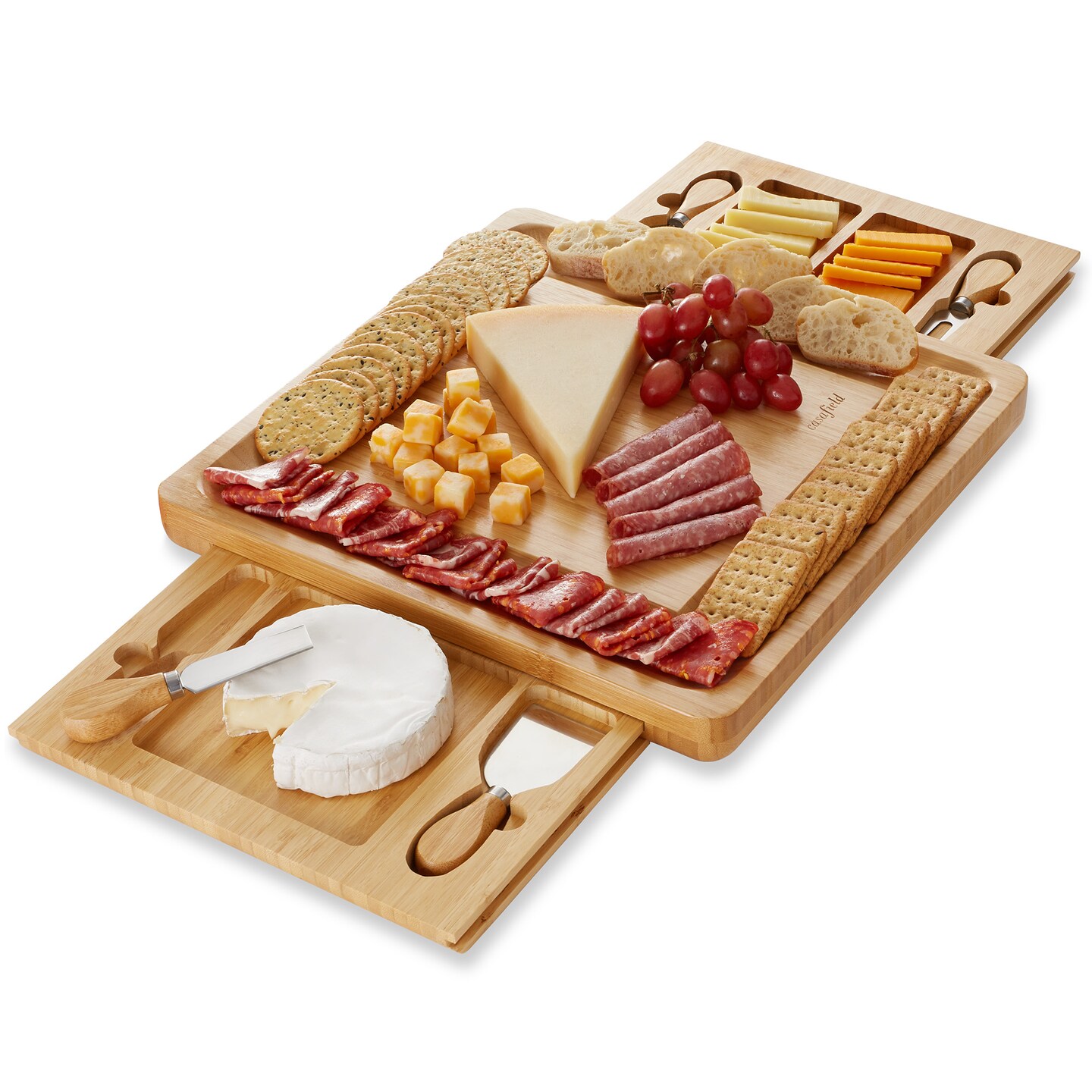 Casafield Bamboo Cheese Board Gift Set, Charcuterie Board Serving Platter with Stainless Steel Knives for Entertaining, Christmas, Birthdays, Weddings