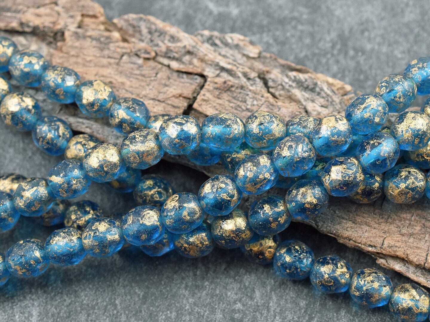 *20* 8mm Gold Washed Etched Capri Blue Fire Polished Round Beads