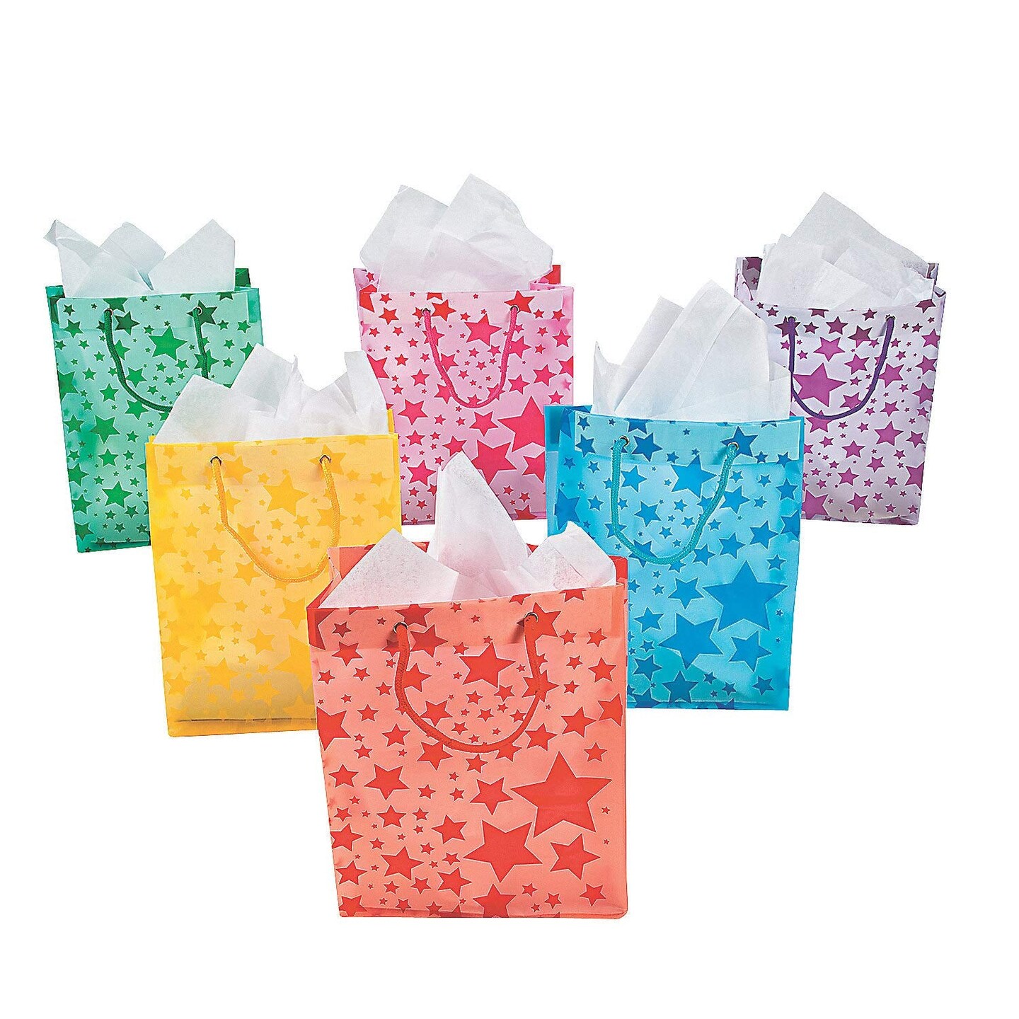 Fun Express - Assorted Color Frosted Star Gift Bag - Party Supplies - Bags - Paper Gift W &#x26; Handles - 12 Pieces
