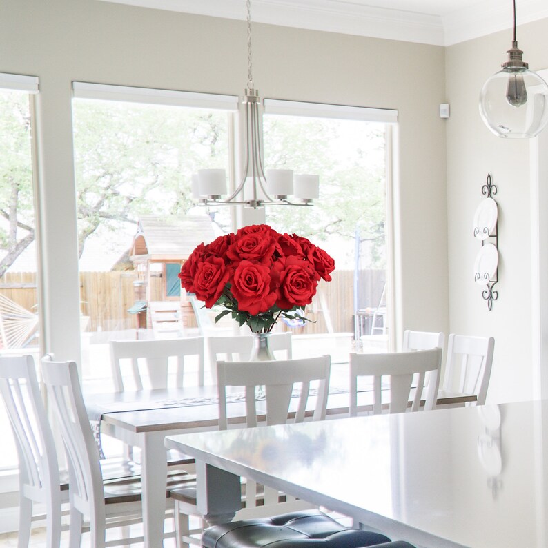 Crimson Charm: 3-Pack of 30" Silk Red Queen Anne Rose Stems with Realistic Foliage and Stem - Perfect for Valentine's Day, Weddings, and DIY Floral Arrangements