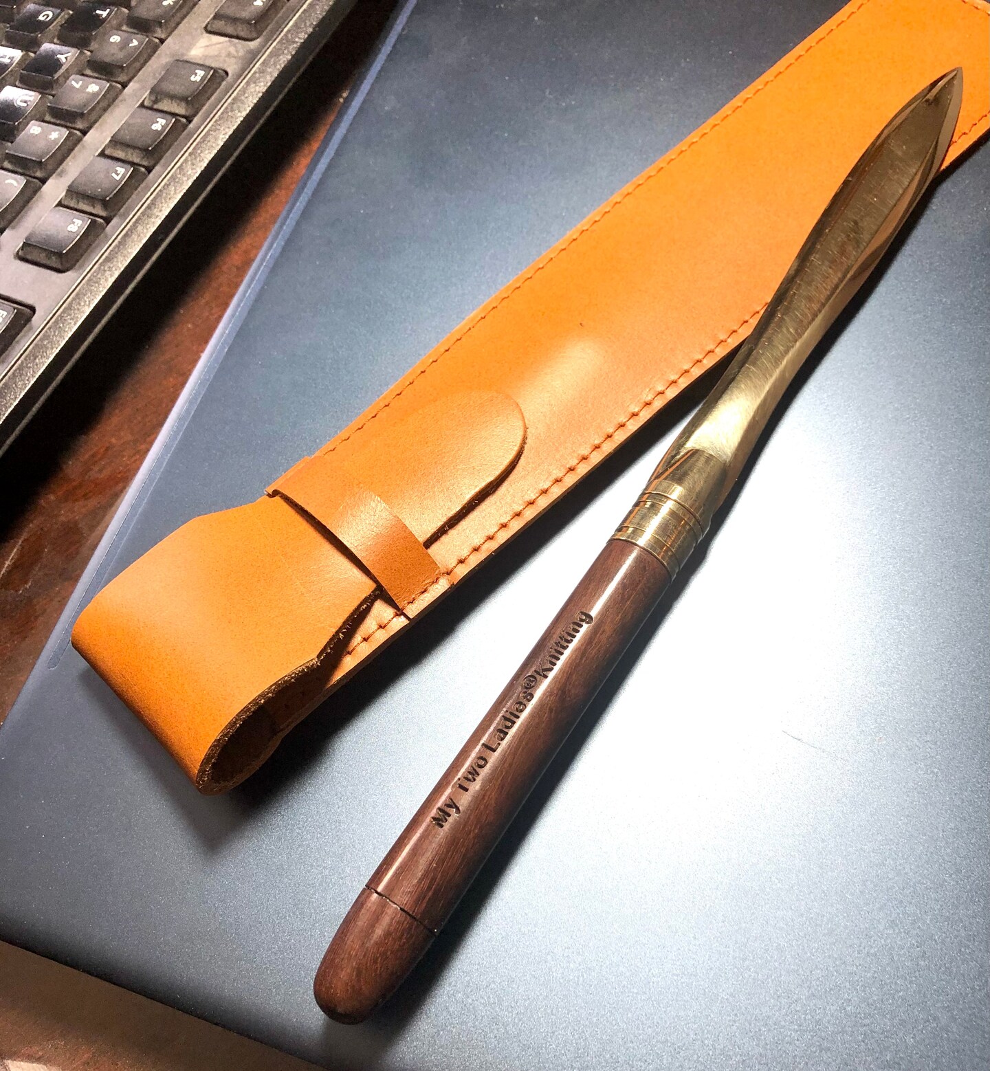 My Two Ladies Executive Brass &#x26; Rosewood Letter Opener | w/leather case