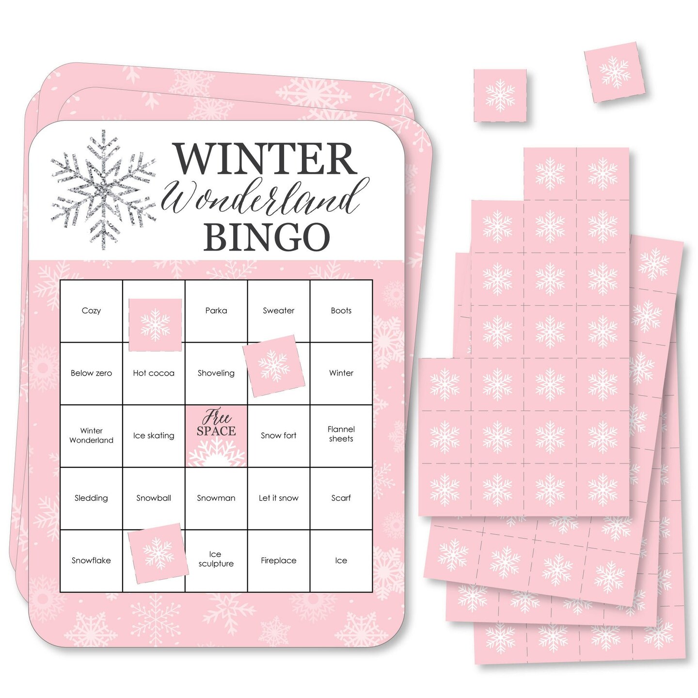 Big Dot of Happiness Pink Winter Wonderland - Bingo Cards and Markers - Holiday Snowflake Birthday Party and Baby Shower Bingo Game - Set of 18