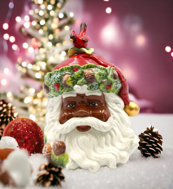 Ceramic African American Christmas Santa Cookie Jar, Home D&#xE9;cor, Gift for Her, Gift for Mom, Kitchen D&#xE9;cor, Christmas D&#xE9;cor