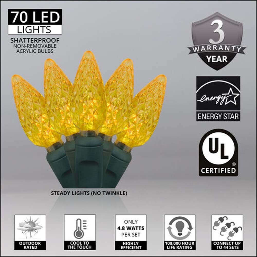 70 Gold C6 LED Christmas Lights, Green Wire, 4&#x22; Spacing