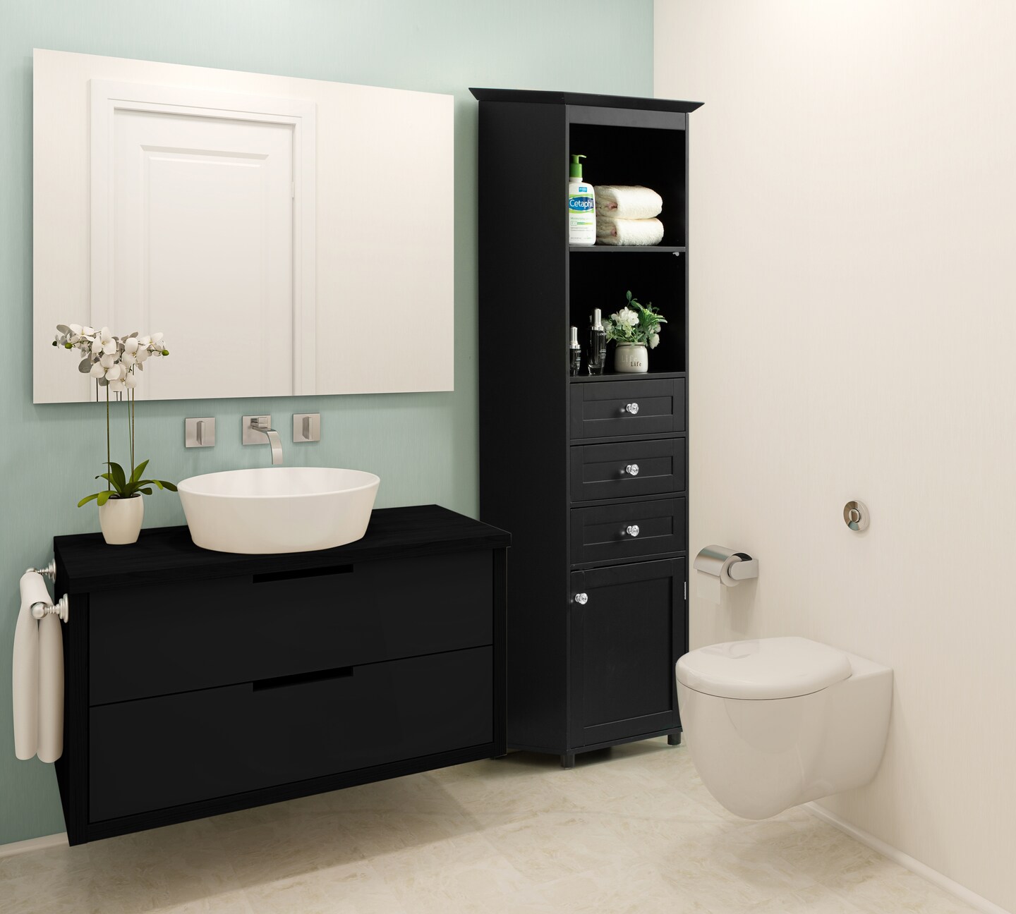Tall Freestanding Storage Organizer Linen Tower, Vanity Closet, Bathroom Cabinet with 2 Open shelves, 3 Drawers, and a Closet