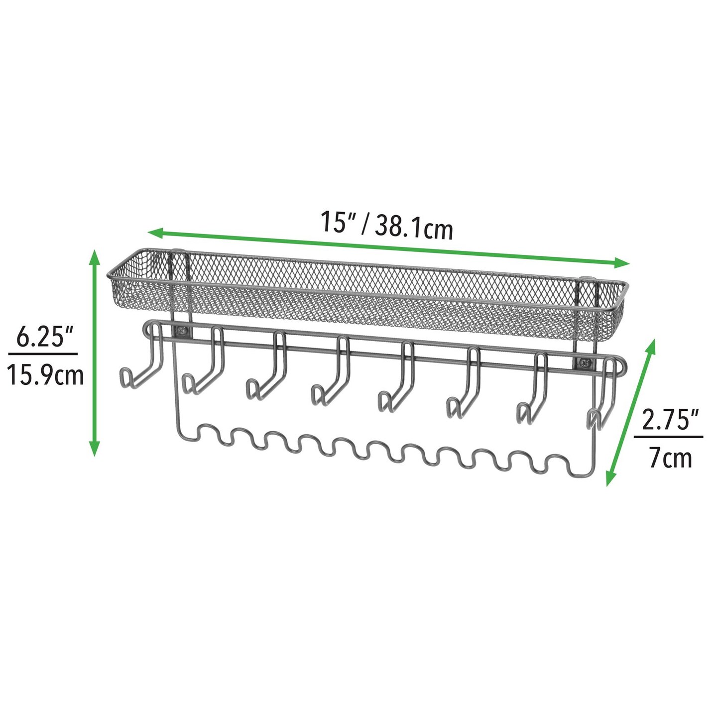 mDesign Steel Wall Mount Tie/Belt Organizer Rack with 8 Hooks/Basket