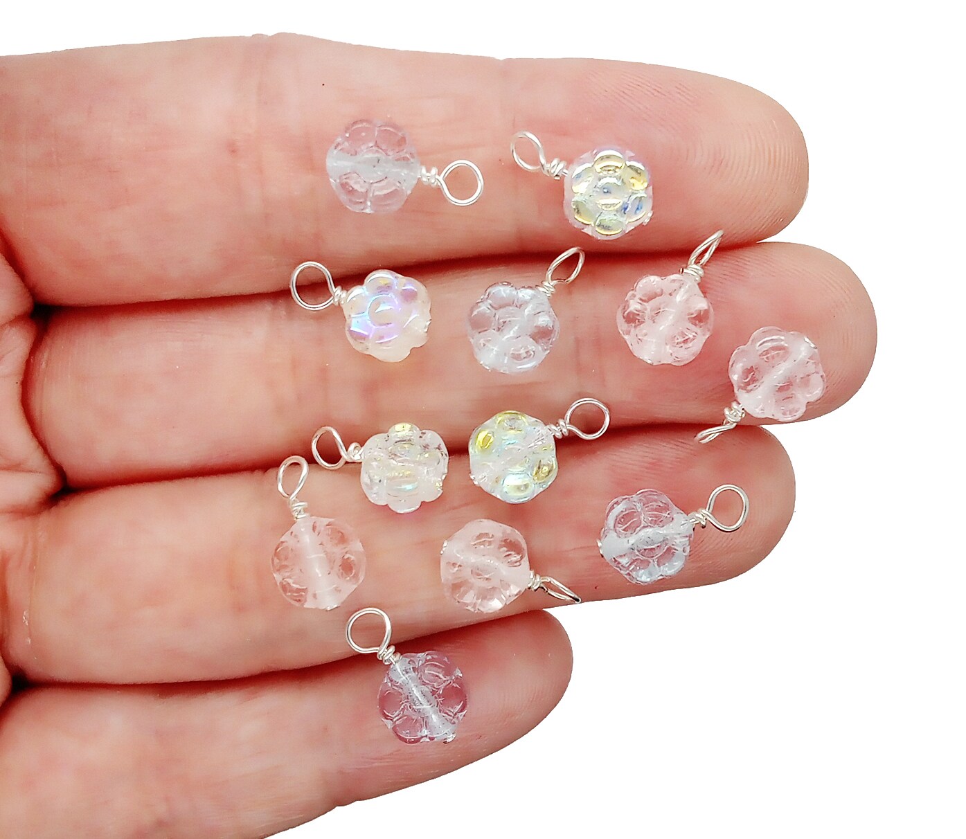 Pastel Flower Dangles, Translucent Pink Purple Blue Glass Bead Charms, 10 pieces, Adorabilities