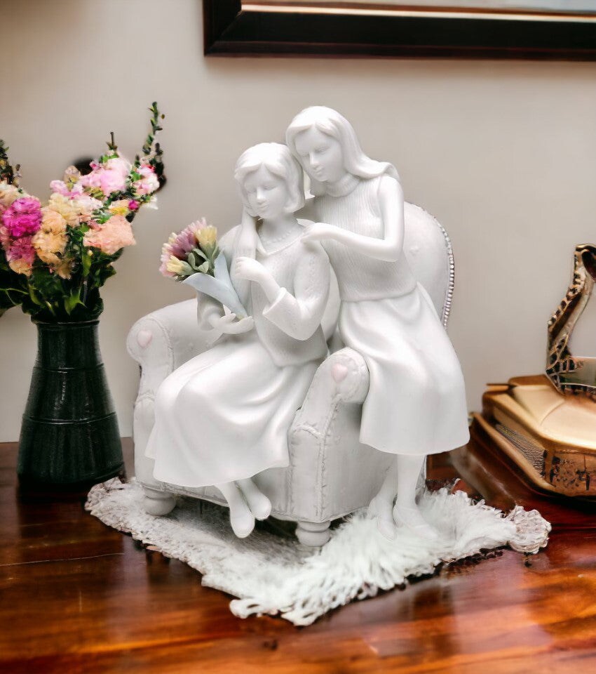 Ceramic Mother And Daughter White Bisque Figurine with Colorful Flower Bouquet, Gift for Mom, Mother&#x27;s Day Gift, Home Decor