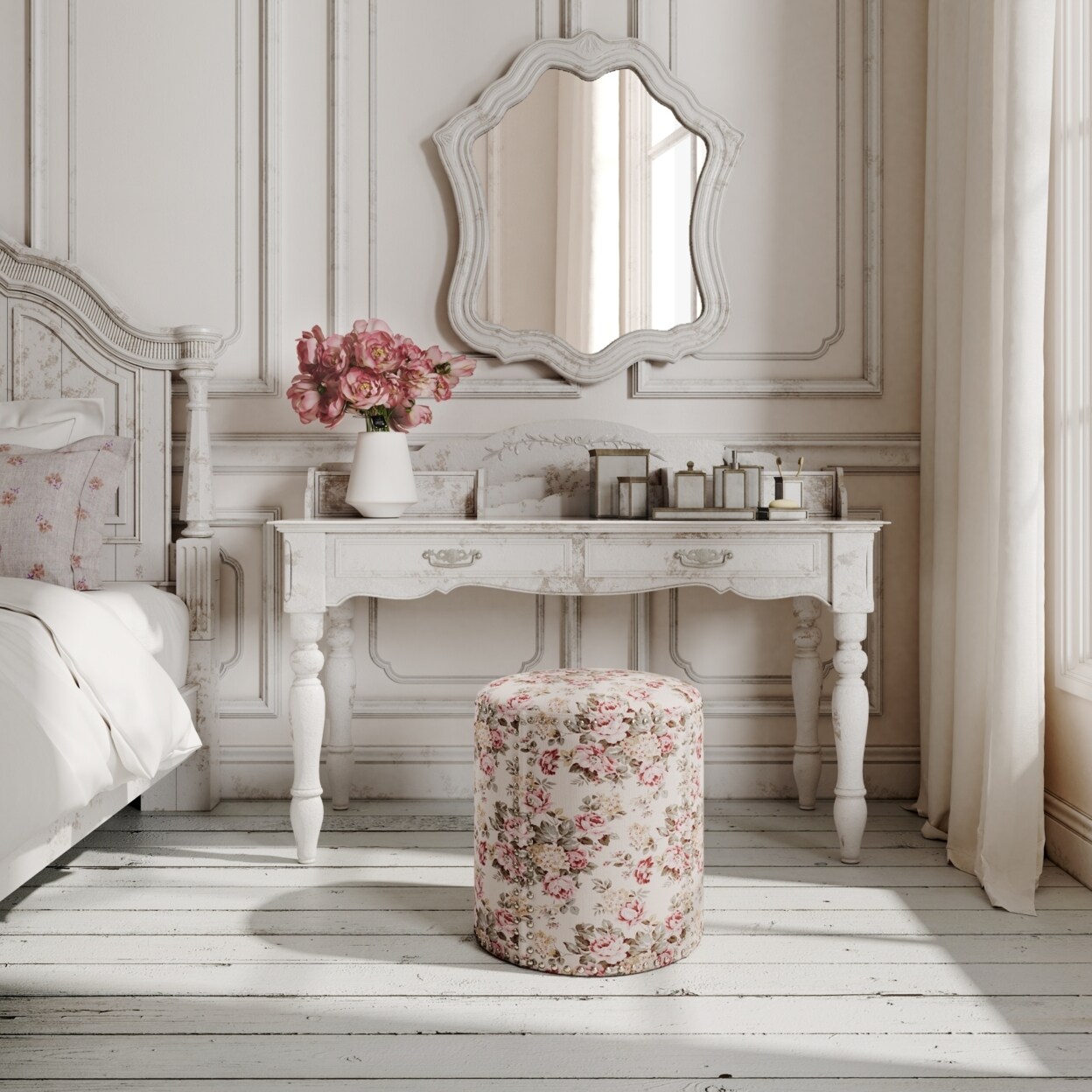 Rustic Manor Oakleigh Ottoman-Upholstered-Printed Pattern-Nailhead Trim