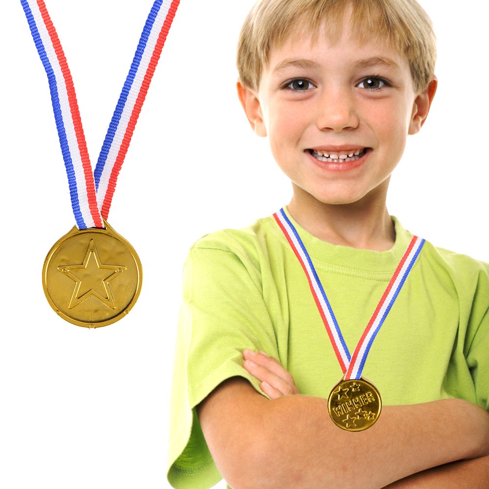 24 Pieces Kids Plastic Gold Winner Gold Award Medals with Neck Ribbon Party Favor Birthday Present Dress Up, Medals for Awards