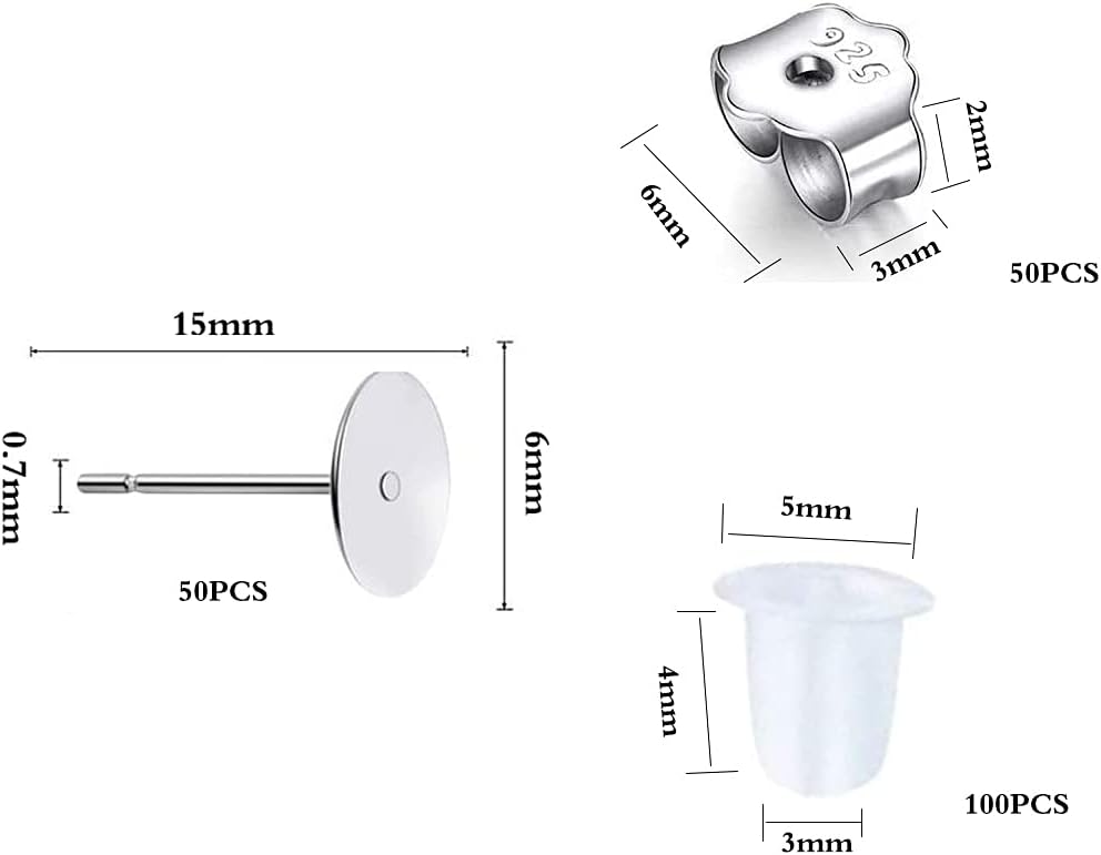 25Pair 925 Sterling Silver Earrings Posts Flat Pad Ear Stud Hypoallergenic Blank Earring Pins with 925 Sterling Silver Earring Backs for Jewelry Making Findings(6mm )