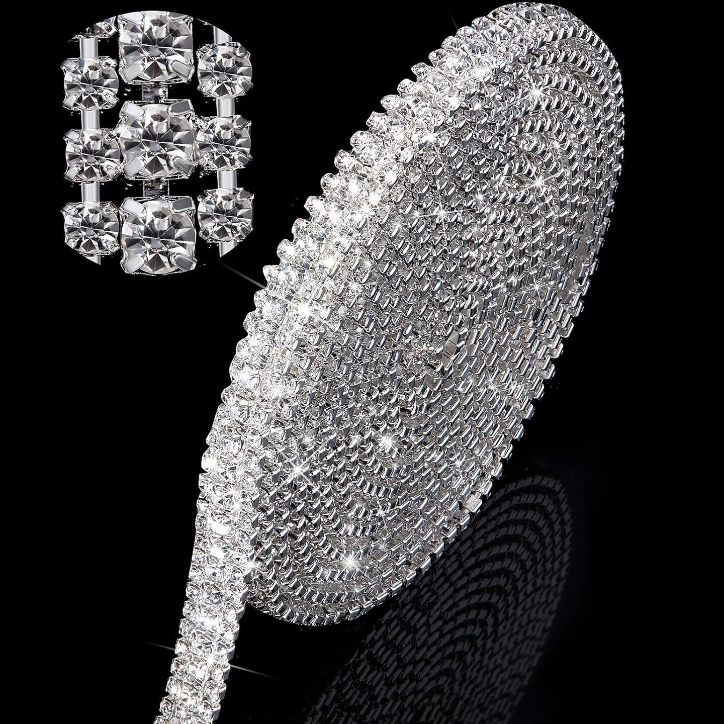 3 Rows Crystal Rhinestone Chain Rhinestone Strips Chain Trim for Sewing Craft, DIY, Wedding, Jewelry, Decoration (White Rhinestone with Silver Base,3 Yard x 0.47 Inch)