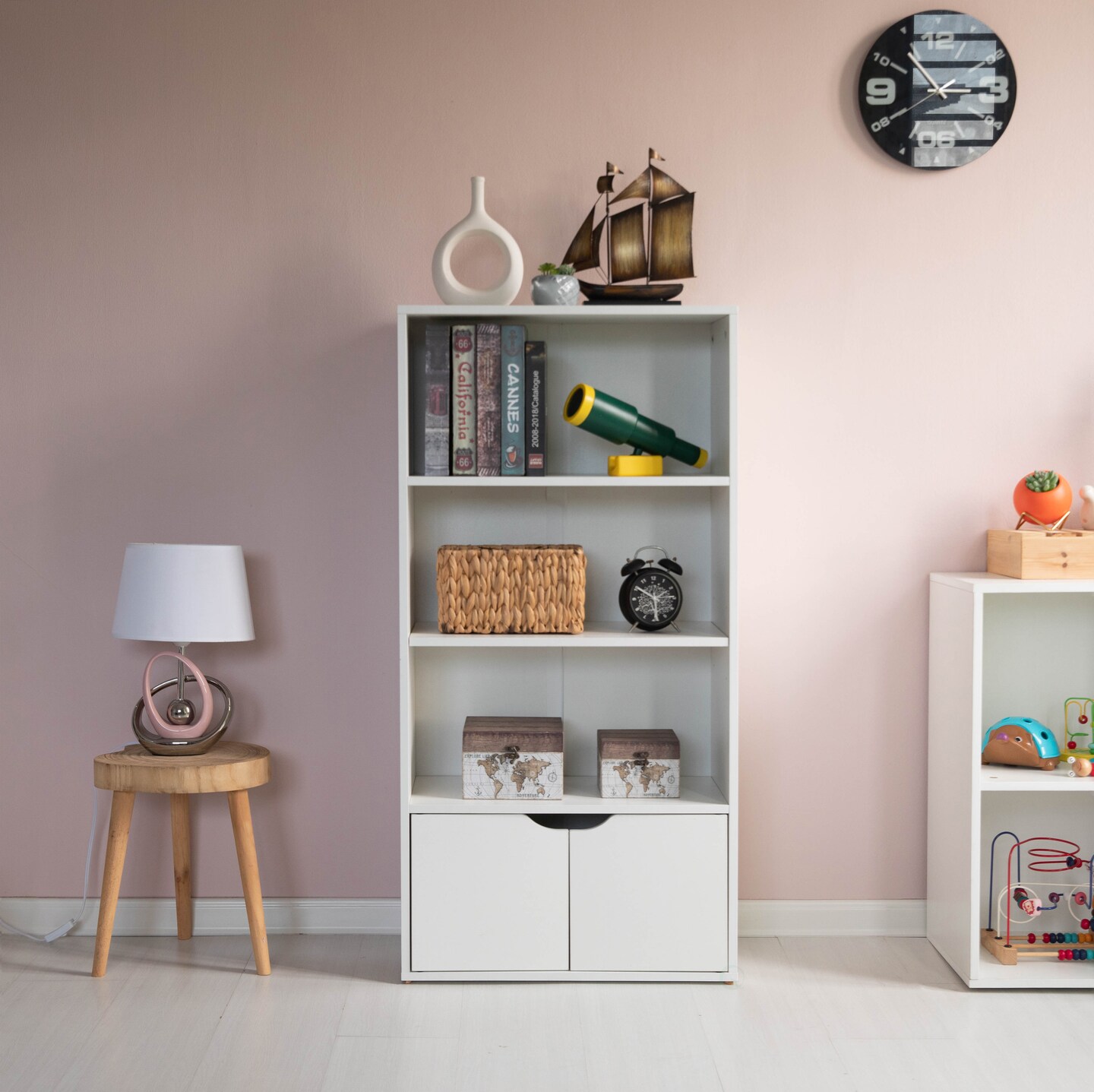 47 Inches Multi Purpose White 3 Tier Open Book Shelf and Bookcases with 2 Doors Storage Cabinet and 1 Adjustable Shelf - Ideal for Home Office, Living Room, Classroom, Study Room