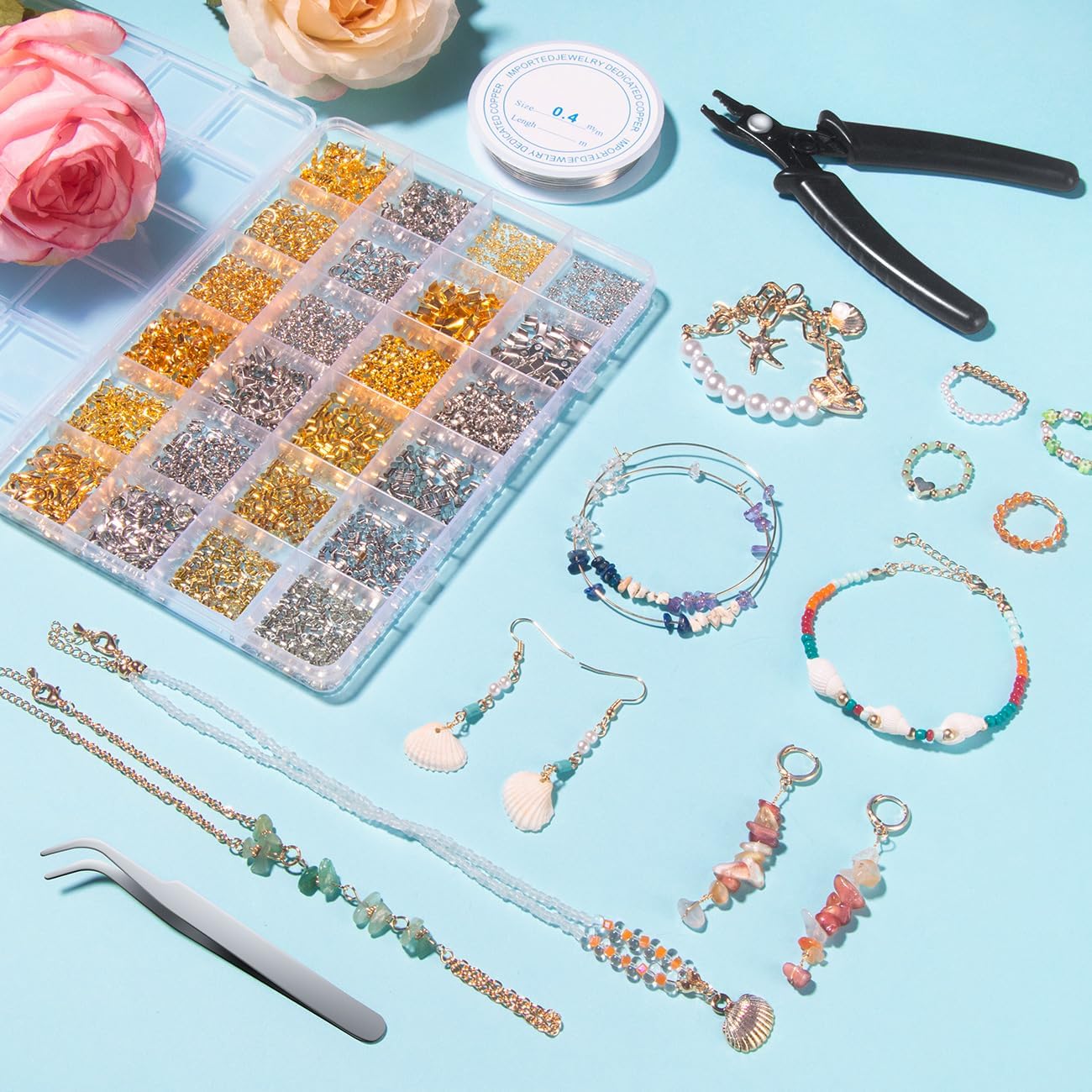 2120 PCS Crimp Beads for Jewelry Making Supplies, Bracelet Clasps and Closures, Golden Silver Crimp Covers & Tubes, Lobster Clasp Crimping Pliers and Beading Wire