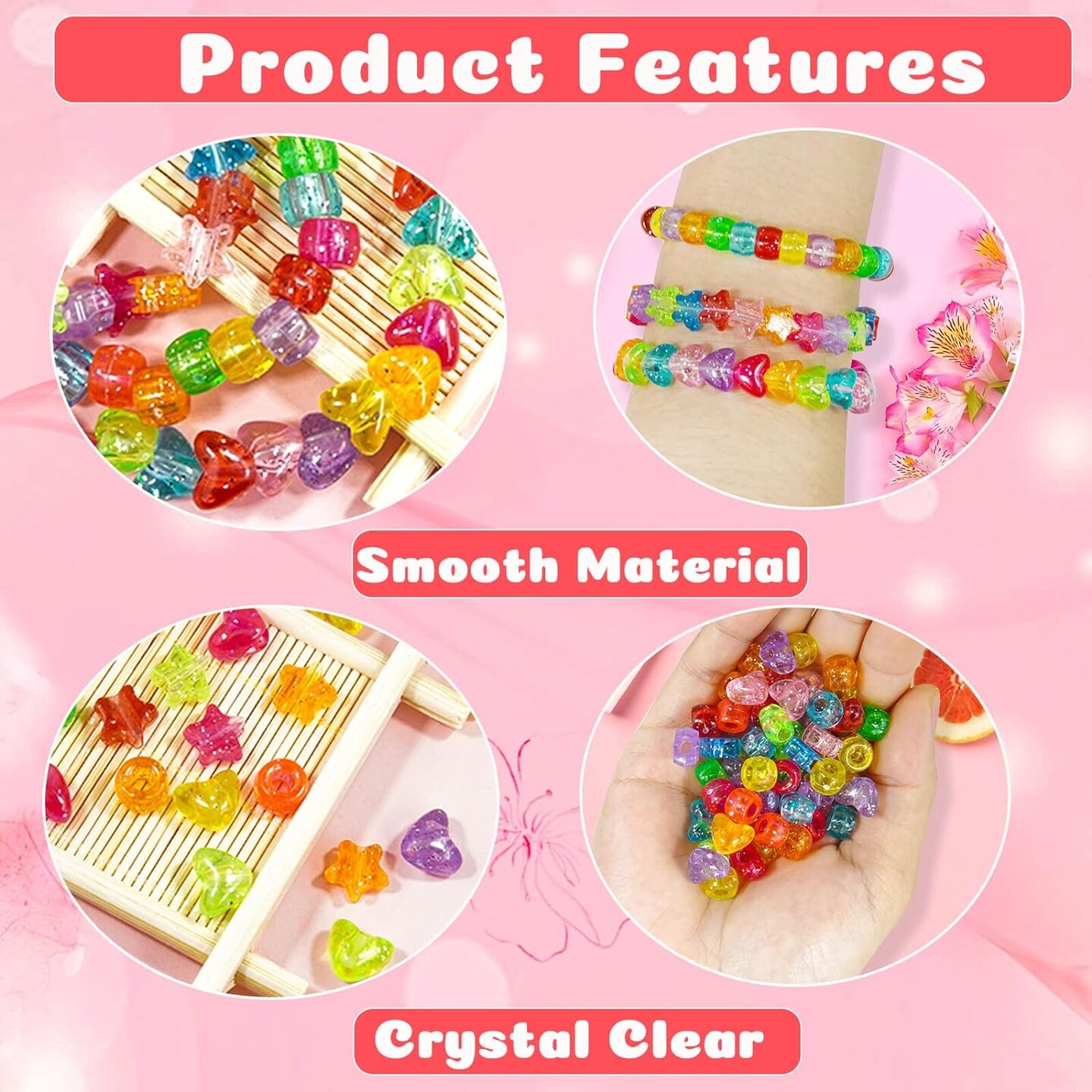 1680 Pcs Pony Beads Heart Star Hair Bead for Girl Braid, Acrylic Star Heart Glitter Sparkle Large Hole Pony Beads with Elastic Rubber Band Threaders Kit for Hair Bracelets Jewelry Making