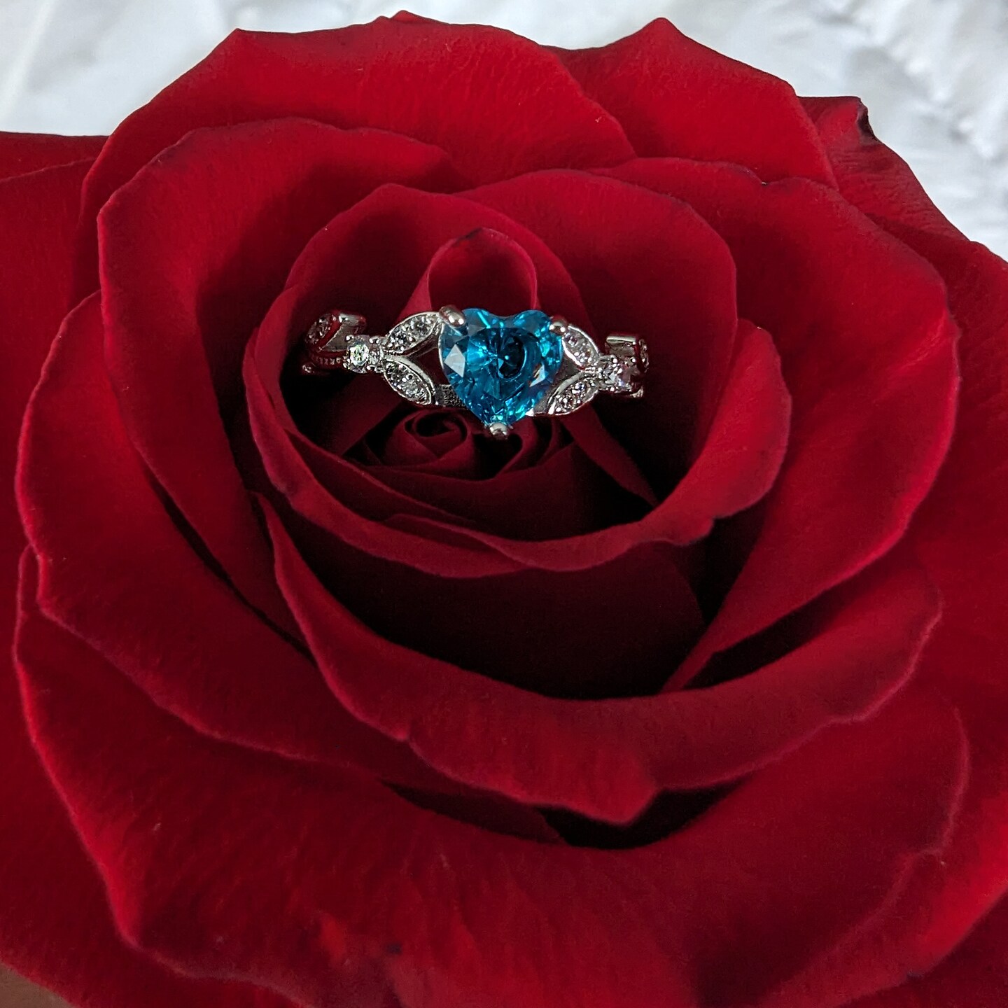 White Gold Blue Topaz Cubic Zirconia Heart Shaped Promise Ring, Engagement Ring, CZ Wedding Ring, December Birthstone - image7
