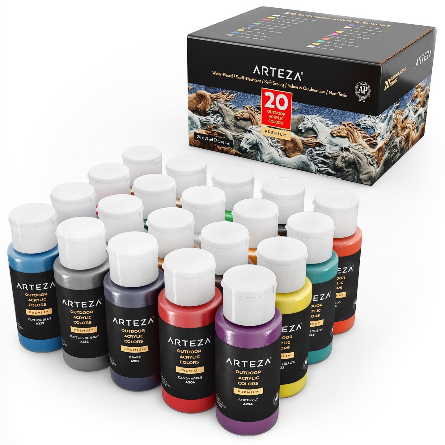 Arteza Outdoor Acrylic Paint, 59ml Bottles, Water-based, Assorted Colors, Set for DIY rock painting, fences, and decorating - 20 Pack