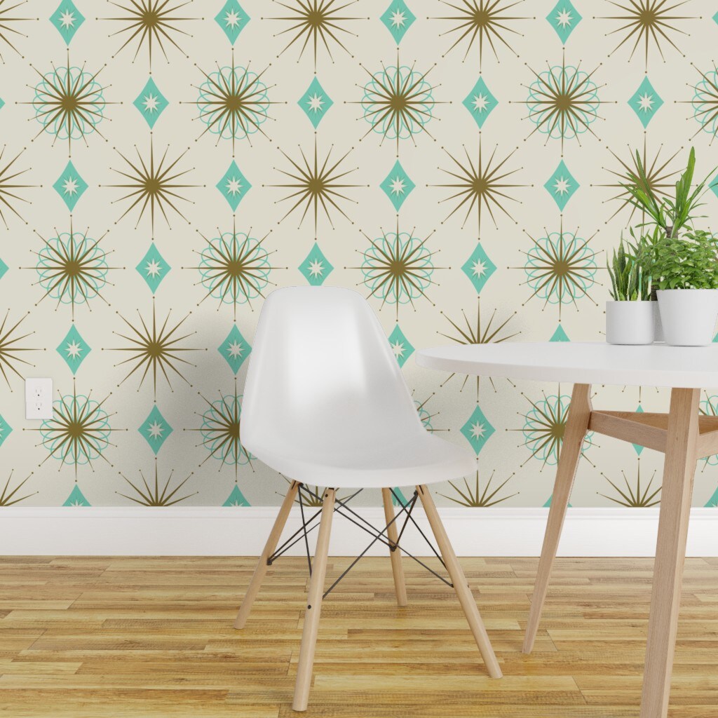 Peel &#x26; Stick Wallpaper 2FT Wide Retro Diamond 1950S Starburst Mid-Century Atomic Mid Century Modern Mcm Custom Removable Wallpaper by Spoonflower