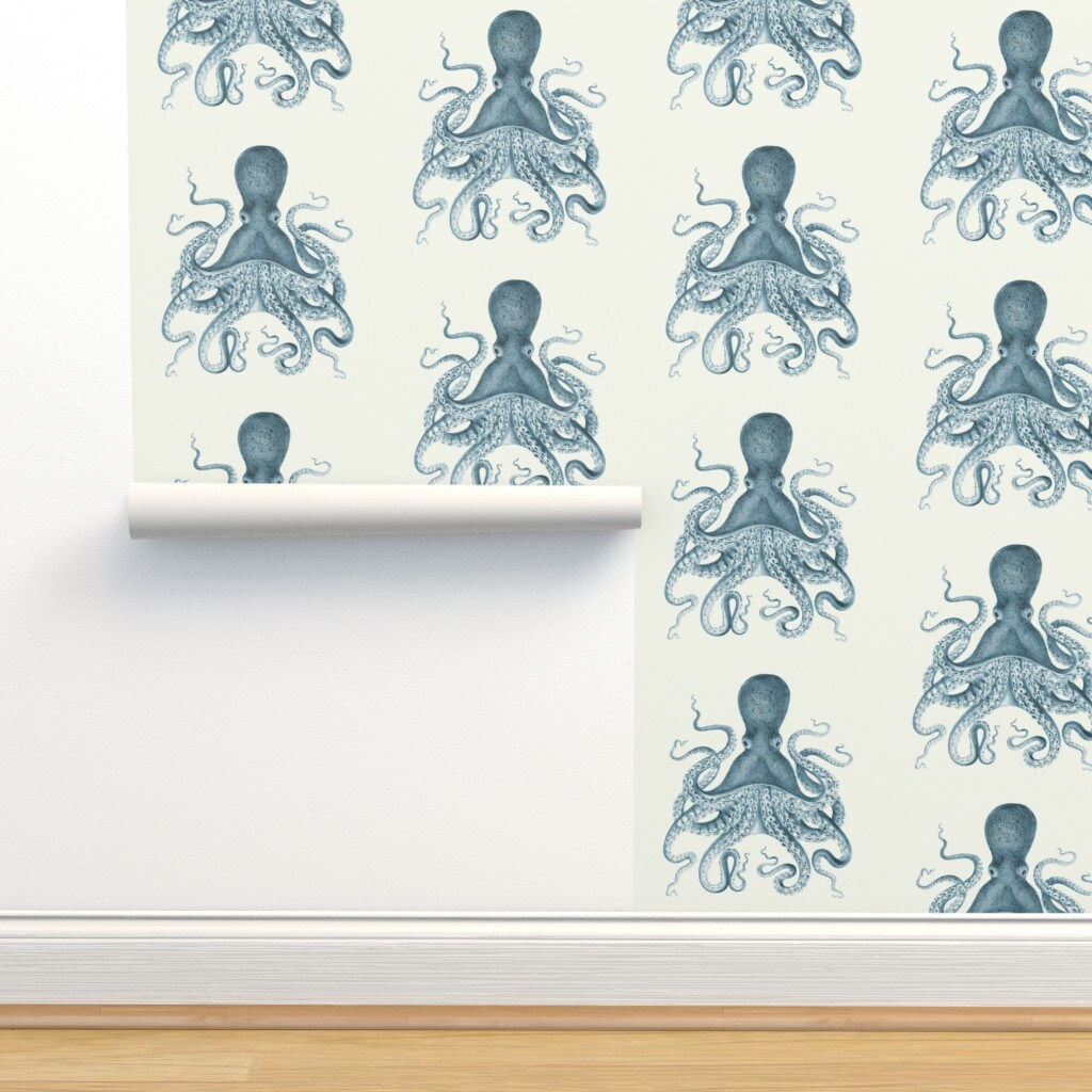 Octopus Sea Illustration Vintage Squid Nautical Coastal Ocean Beach Custom Pre-pasted Wallpaper by Spoonflower Pre-Pasted Wallpaper 2FT Wide