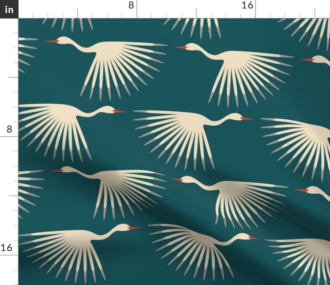 Birds Teal Art Deco Crane Fly Long Neck Wings Sunburst Animal Swan Feather Flair Cream Teal Orange Migration Modern Graphic Air Sky Flock Custom Printed Fabric by Spoonflower Various Fabrics by the Yard or Fat Quarter