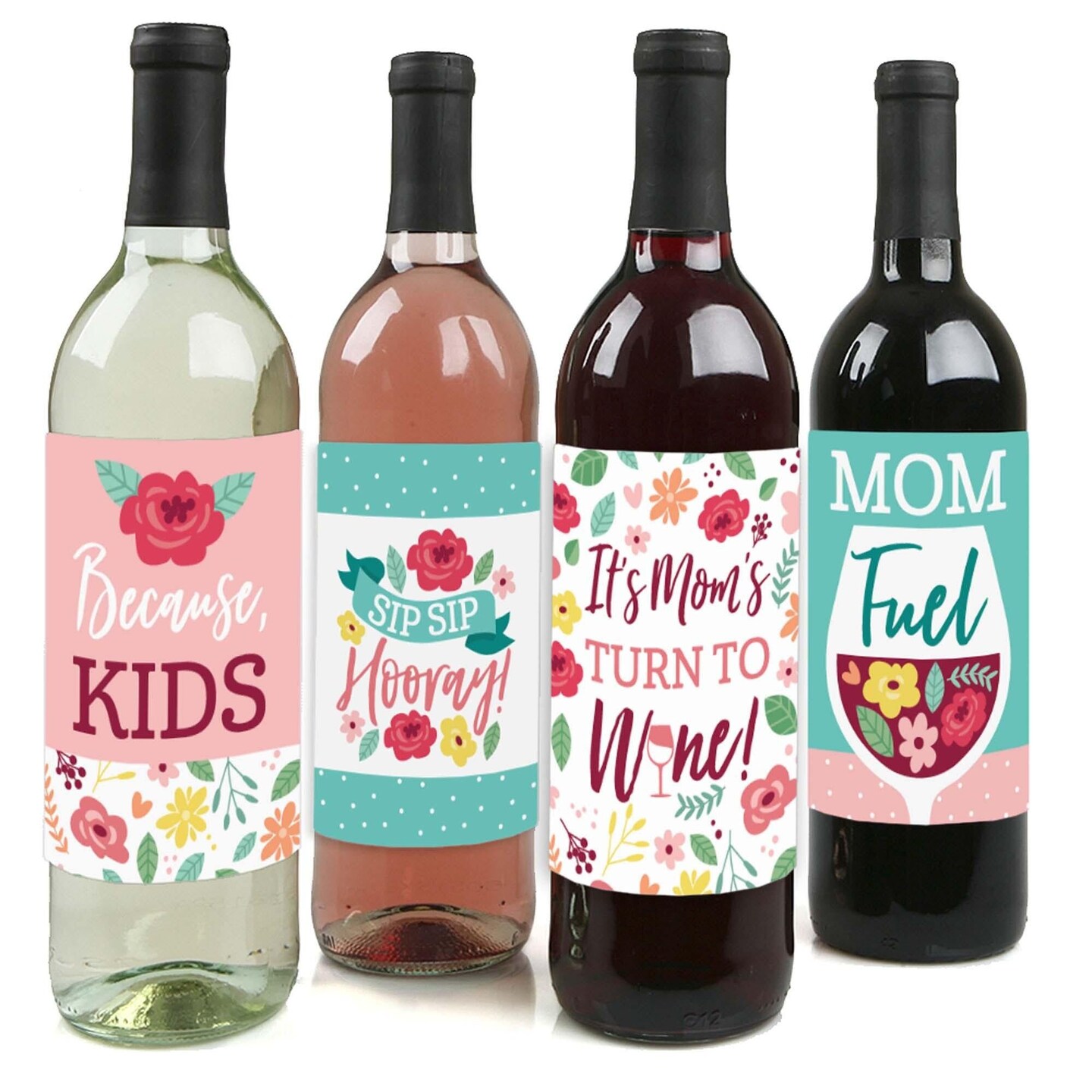Big Dot of Happiness Colorful Floral Happy Mother&#x27;s Day - We Love Mom Party Decorations for Women - Wine Bottle Label Stickers - Set of 4