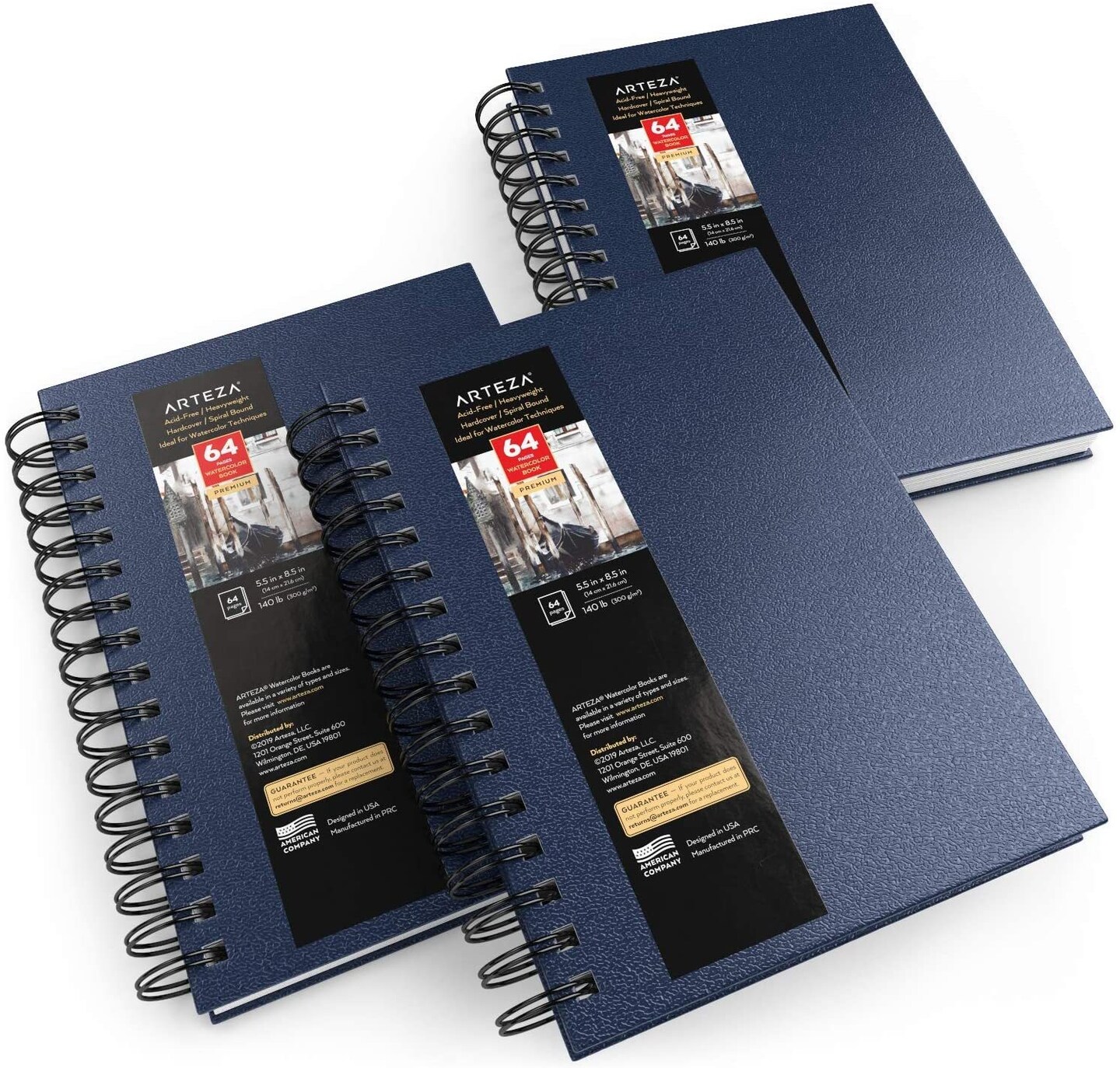 Arteza Watercolor Paper Pad, Spiral-Bound Hardcover, Blue, 5.5&#x22;x8.5&#x22; - 3 Pack