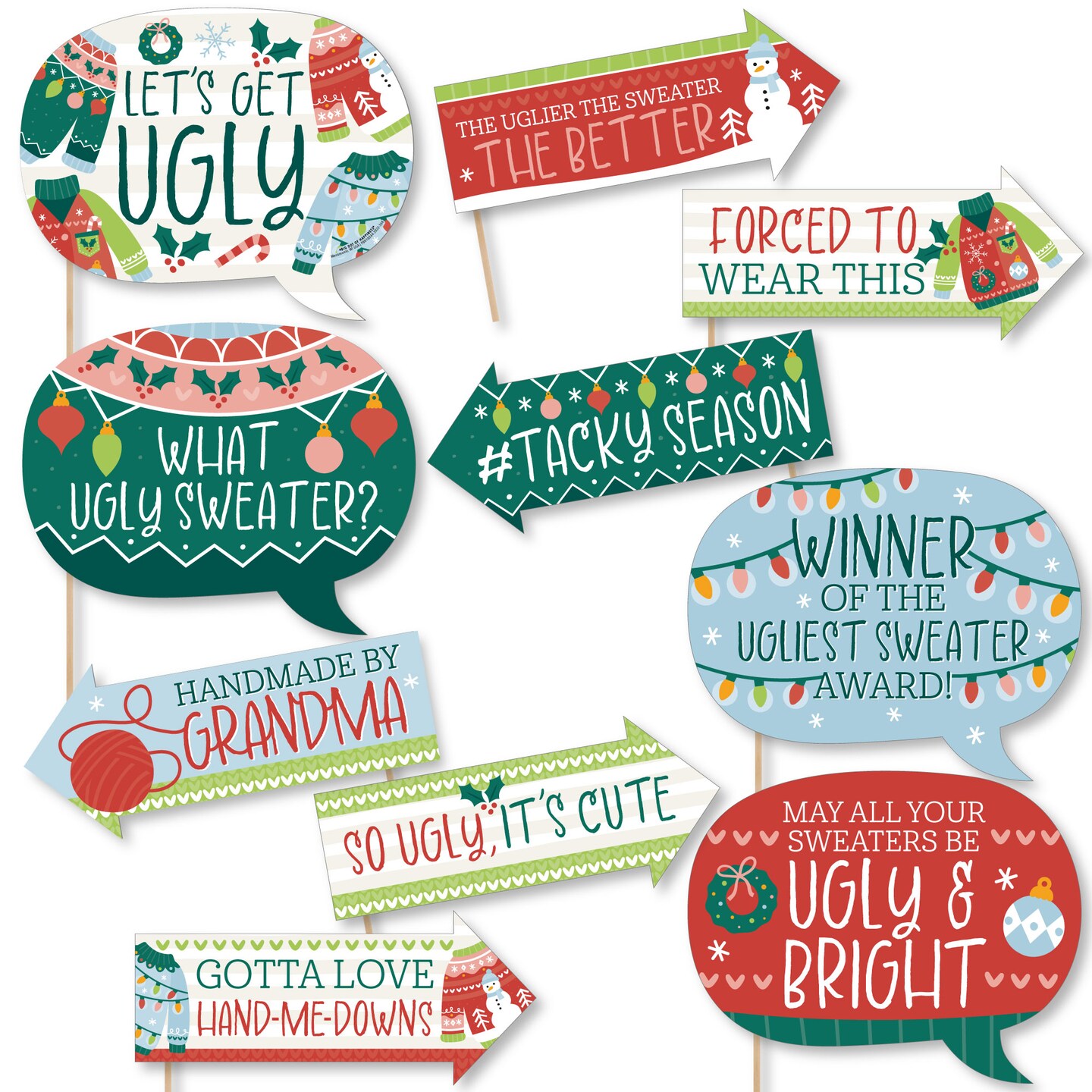 Big Dot of Happiness Funny Colorful Christmas Sweaters - Ugly Sweater Holiday Party Photo Booth Props Kit - 10 Piece
