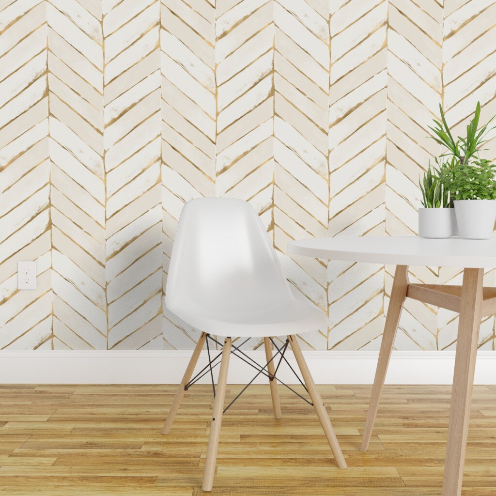 Peel & Stick Wallpaper 2FT Wide Cream Gold Tone Chevron Herringbone Neutral Geometric Custom Removable Wallpaper by Spoonflower
