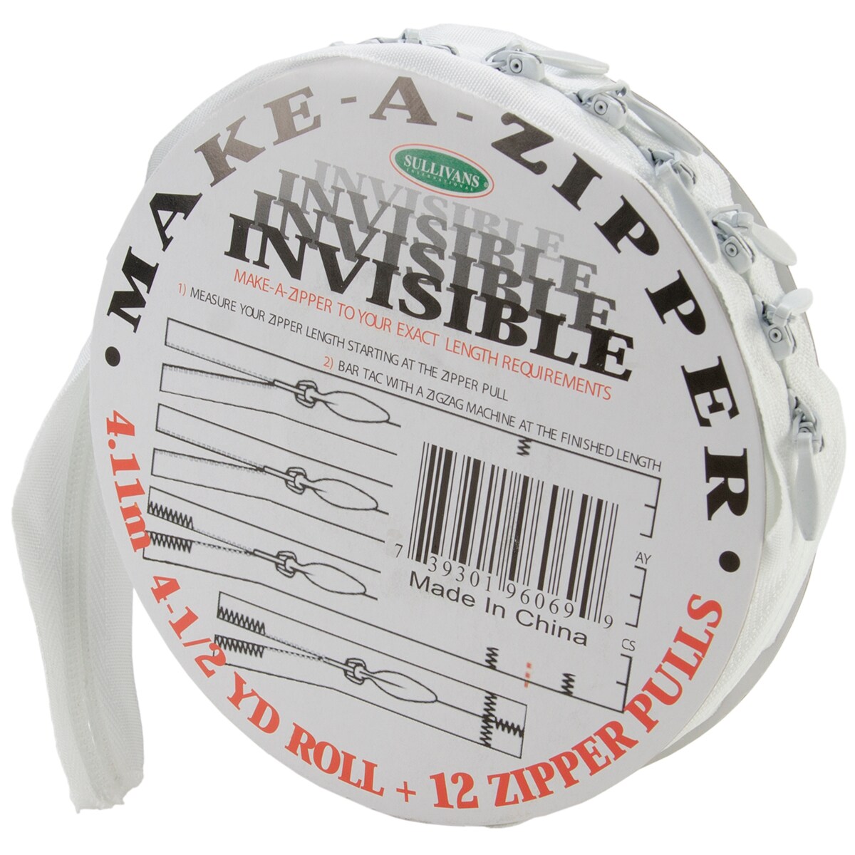 Sullivans Make-A-Zipper Kit Invisible 4.5yd, Color: White, Count: 1 ...