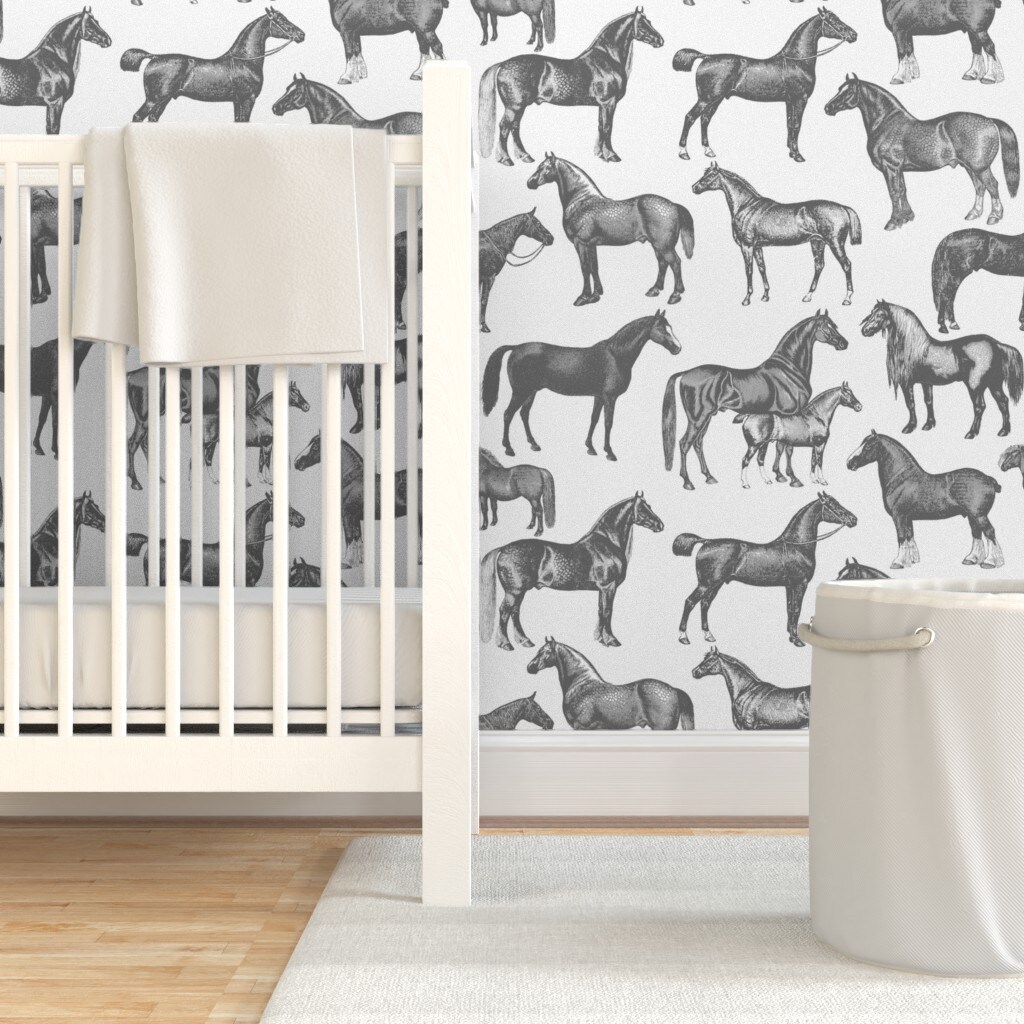 Pre-Pasted Wallpaper 2FT Wide Victorian Horses Large Print Black White Vintage Style Pony Equestrian Custom Pre-pasted Wallpaper by Spoonflower