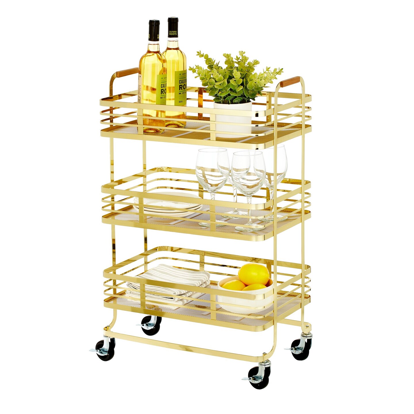 mDesign Metal 3-Tier Rolling Storage Shelf Cart with Wheels, Soft Brass/Natural