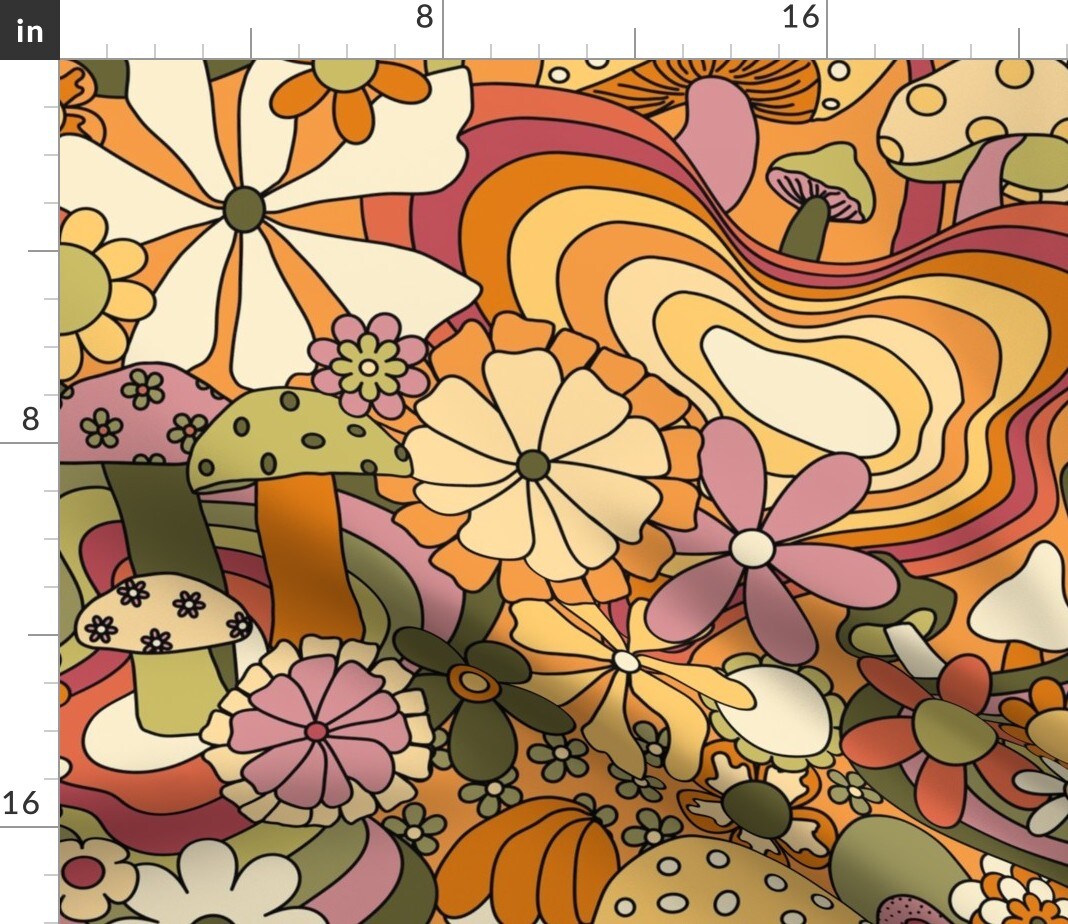 Retro Vintage Floral Hippie Groovy 70S 60S Bohemian Boho Daisy Custom Printed Fabric by Spoonflower Various Fabrics by the Yard or Fat Quarter