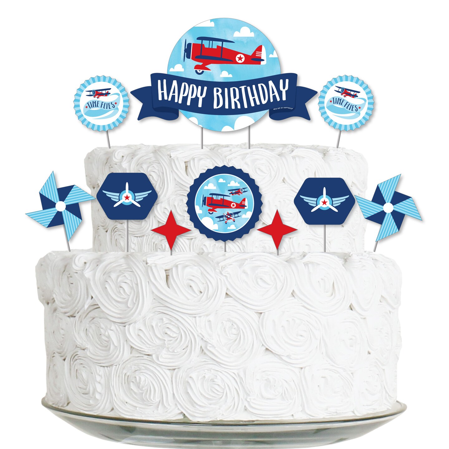 Big Dot of Happiness Taking Flight - Airplane - Vintage Plane Birthday Party Cake Decorating Kit - Happy Birthday Cake Topper Set - 11 Pieces