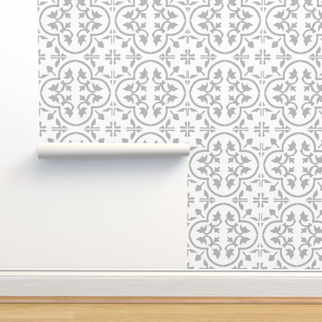 Gray Light Moroccan Tile Mexican Spanish Tiles Floral Kitchen Home Geometric Custom Pre-pasted Wallpaper by Spoonflower Pre-Pasted Wallpaper 2FT Wide