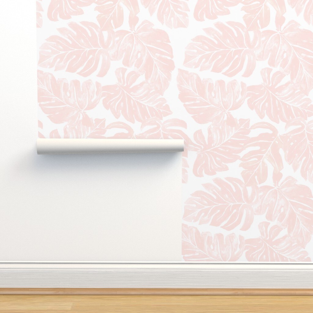 Blush Tropical Pink Monstera Leaves Plant Pastel Jungle Boho Custom Removable Wallpaper by Spoonflower Peel & Stick Wallpaper 2FT Wide