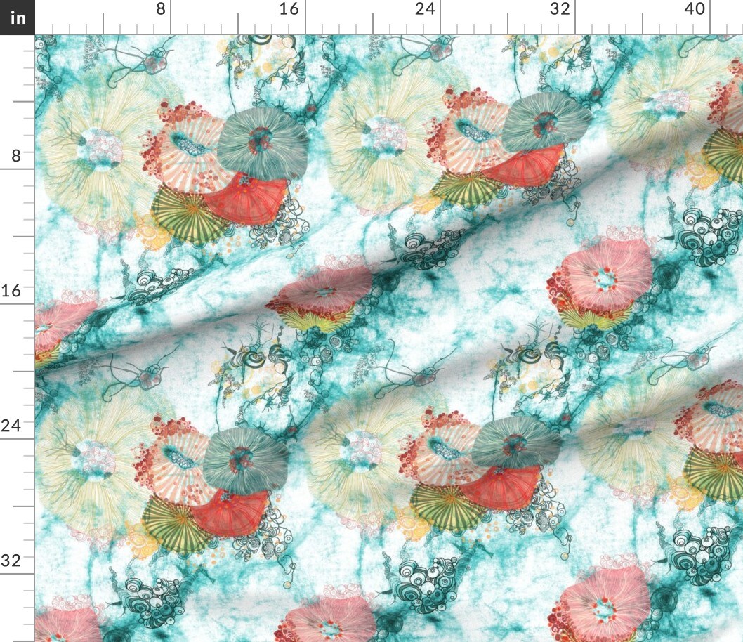 Coral Reef Marine Sea Urchin Jelly Fish Octupus Oceans Summer A277 Watercolour Pen Ink Hand Drawn Home Decor Whimsical Gonecoastal Custom Printed Fabric by Spoonflower Various Fabrics by the Yard or Fat Quarter