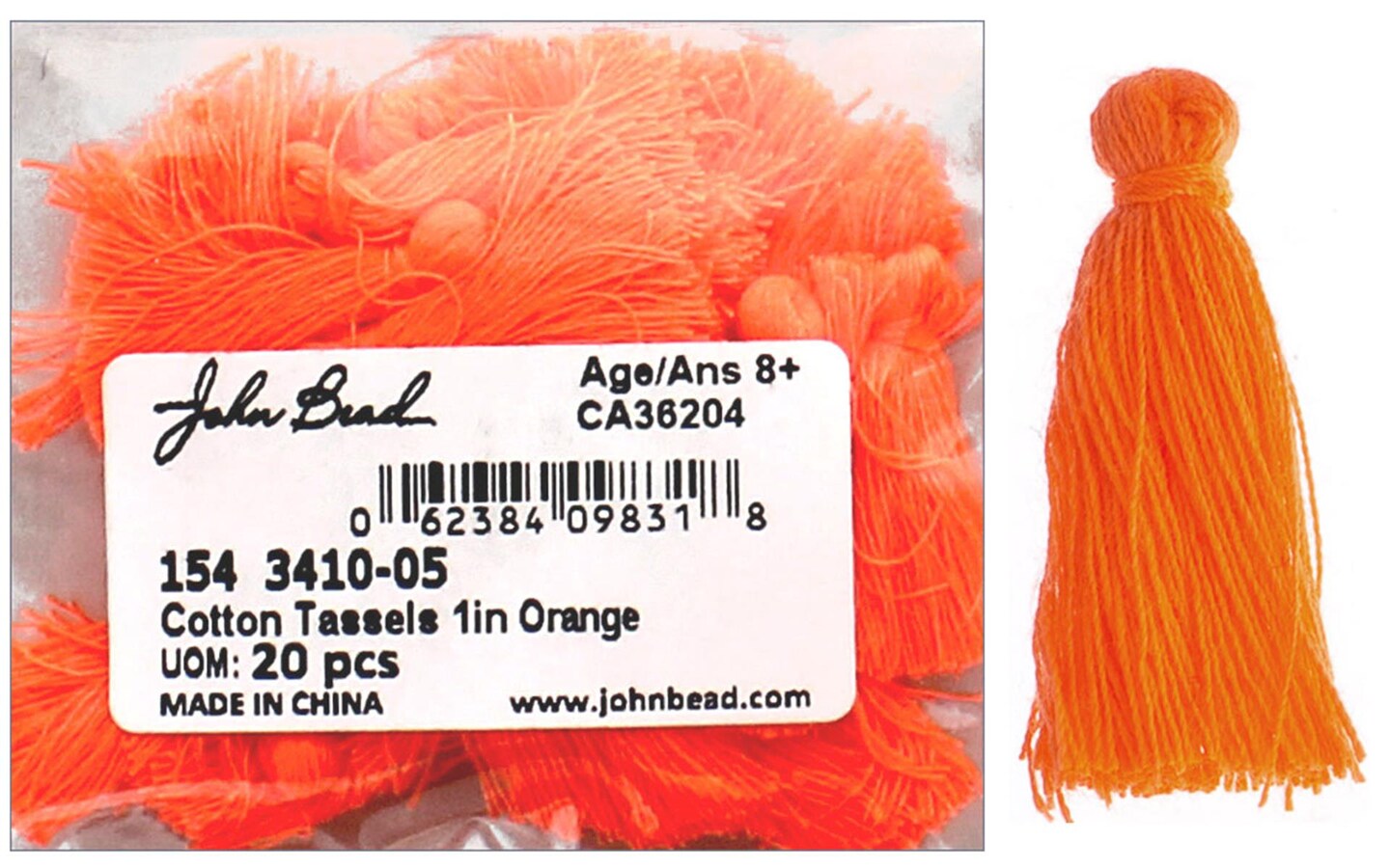 John Bead Tassel 1&#x22; Cotton 20pc Orange